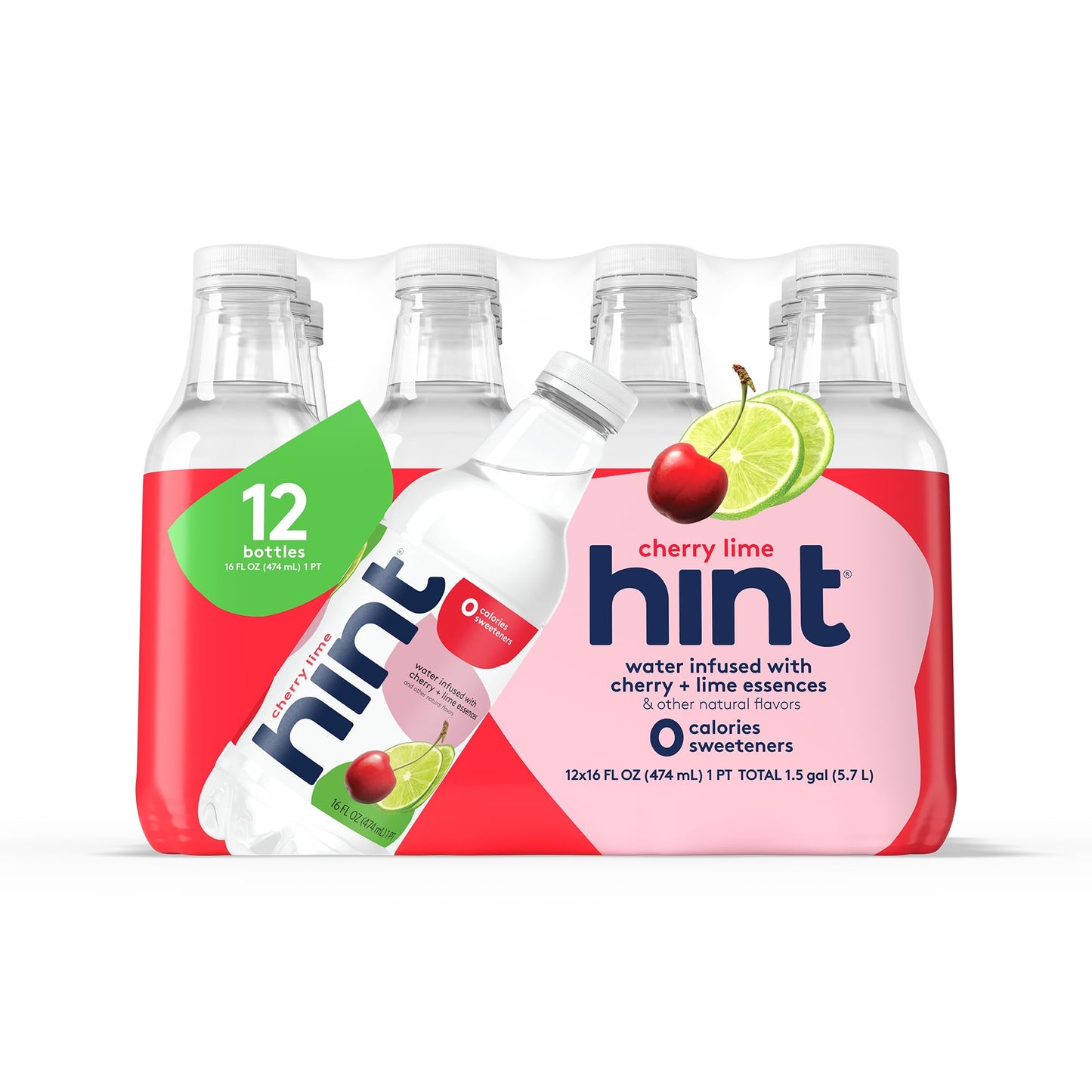 Hint Water Cherry Lime, Pure Water Infused With Cherries And Limes, Zero Sugar, Zero Calories, Zero Sweeteners, Zero Preservatives, Zero Artificial Flavors, 16 Fl Oz (Pack Of 12)