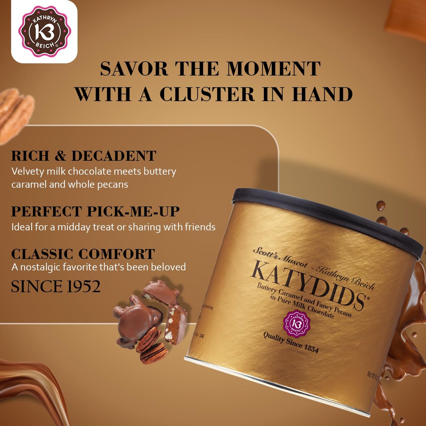 Kathryn Beich Katydids Candy - Milk Chocolate Caramel Pecan Clusters, 12 Tins, 8 Ounce Each