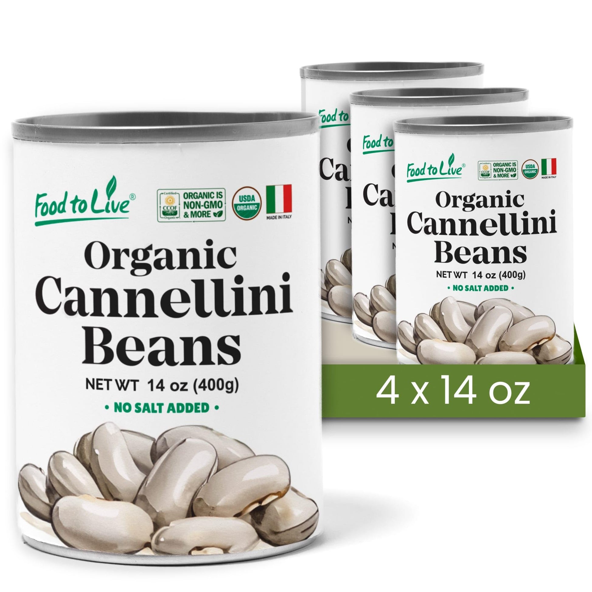 Food to Live Organic Italian Canned Cannellini Beans, 14 oz (Pack of 4) - Unsalted Non-GMO White Kidney Beans. Good Source of Fi