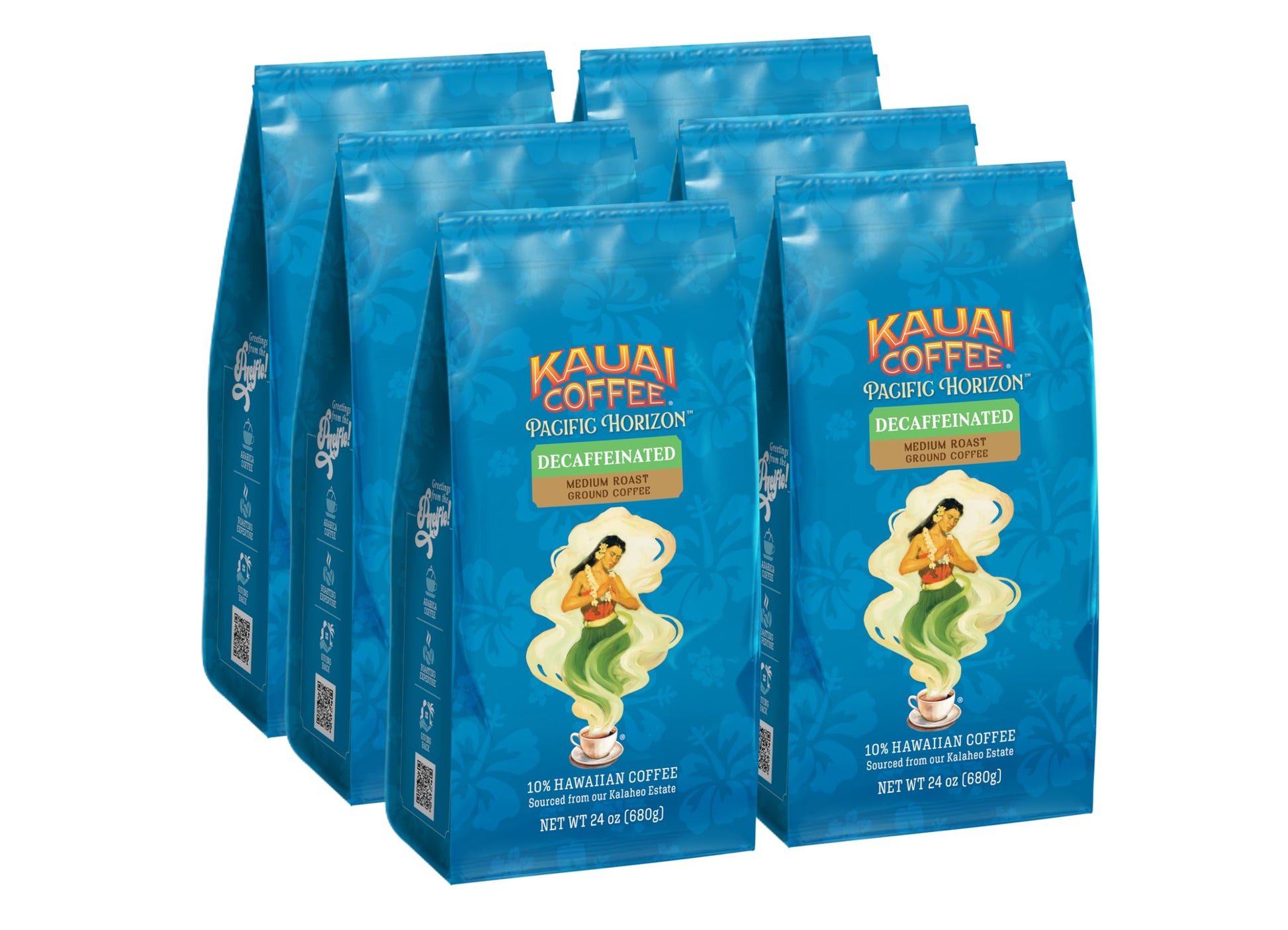 Kauai Coffee Ground Coffee - Smooth  Rich  Medium Roast - Light Floral Notes and Bright Aroma - Arabica Coffee  10% Hawaiian with No Bitterness - Decaf  6 Packs of 24oz