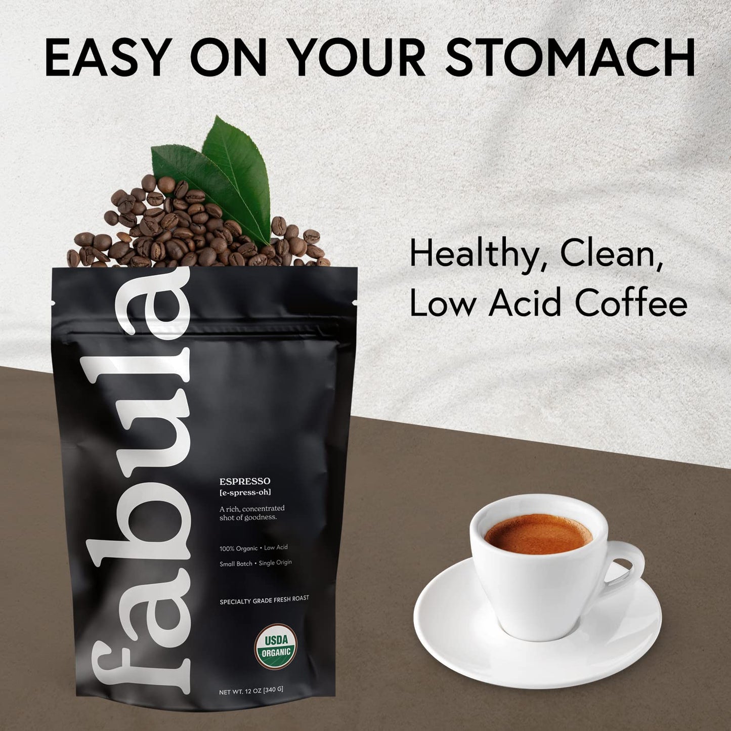 Fabula Low Acid Coffee Beans Whole, Organic Espresso Coffee - Non-Gmo - No Molds - Mycotoxins Pesticides Free - Single Origin Co