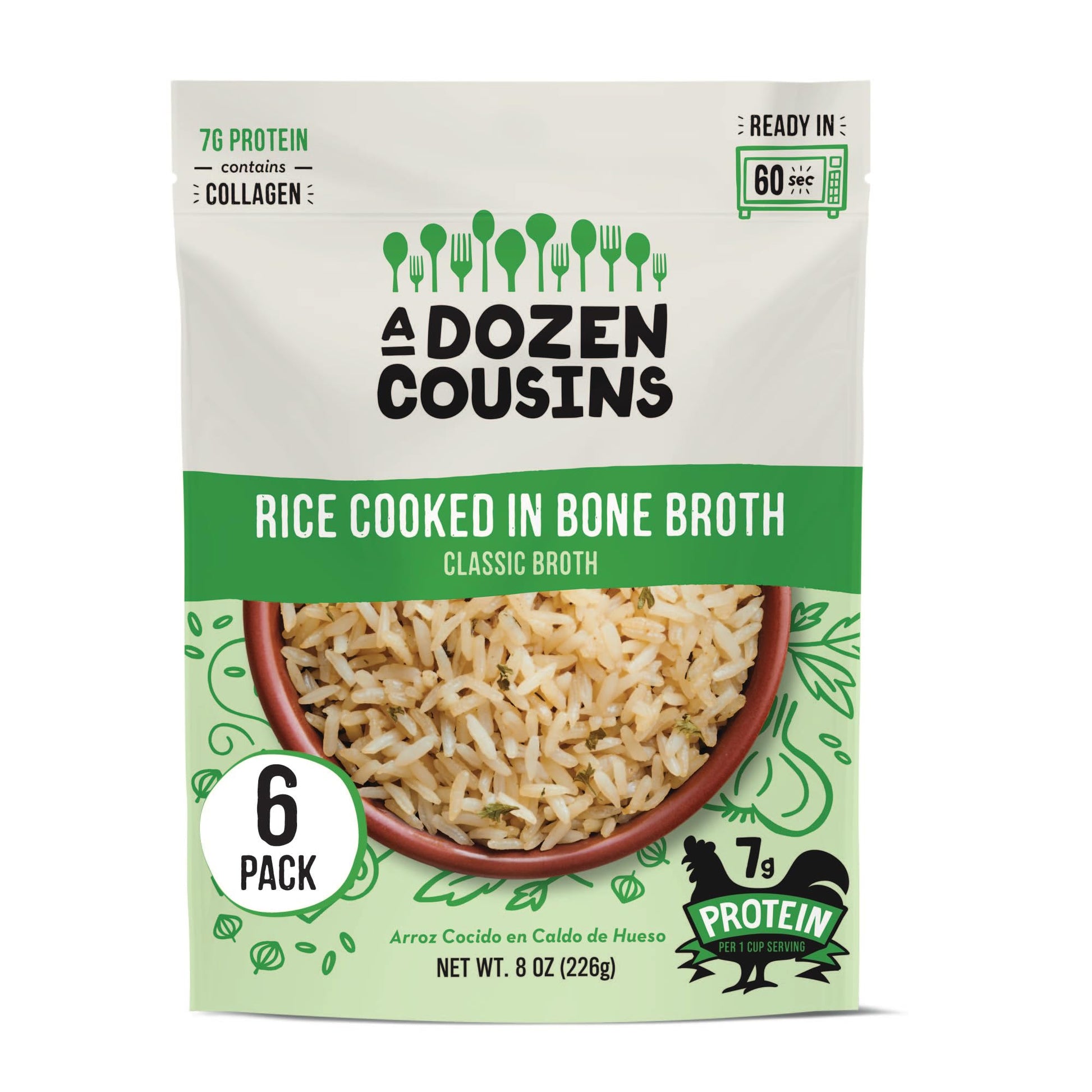 A Dozen Cousins Rice Cooked In Bone Broth Microwaveable Rice Packets | 7G Protein | Contains Collagen (Classic Chicken Broth, 6 Pack)