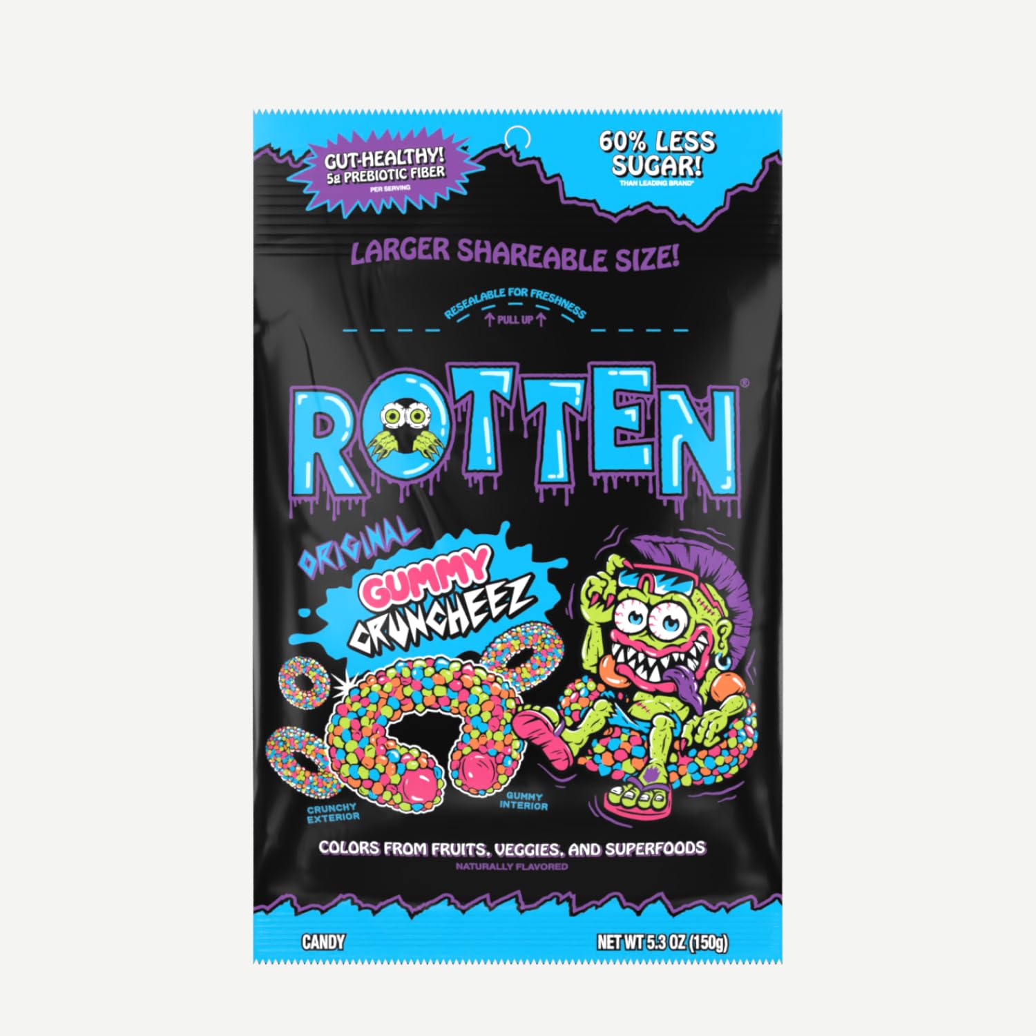 Rotten Sour Gummy Cruncheez - Low Sugar  Low Calorie  5G Gut-Friendly Prebiotic Fiber  Gluten Free Candy  No Artificial Dyes - 5.3 Oz Share Pack [4 Pack]