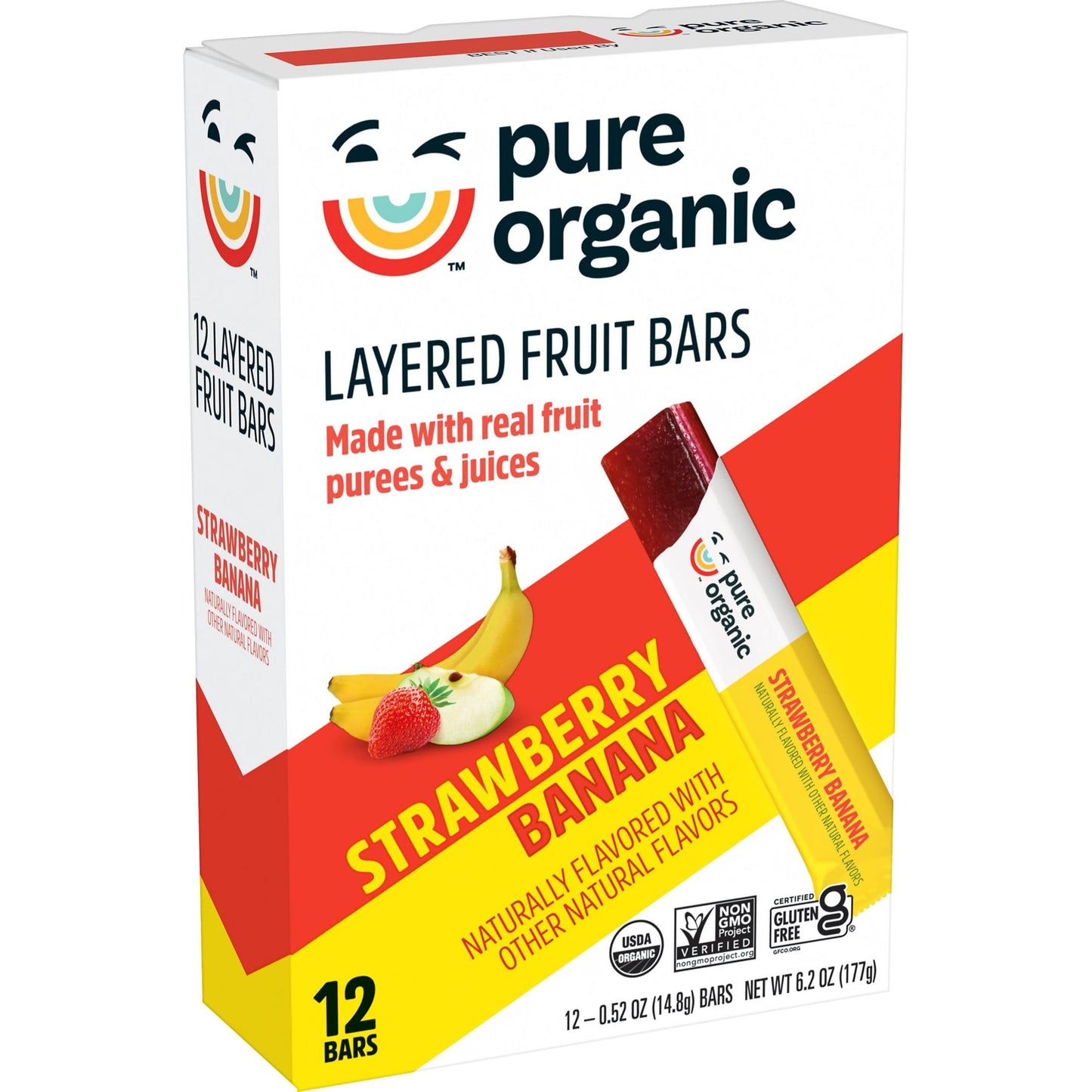 Pure Organic Layered Fruit Bars, Gluten Free, Vegan Fruit Snacks, Strawberry Banana (2 Boxes, 24 Bars)