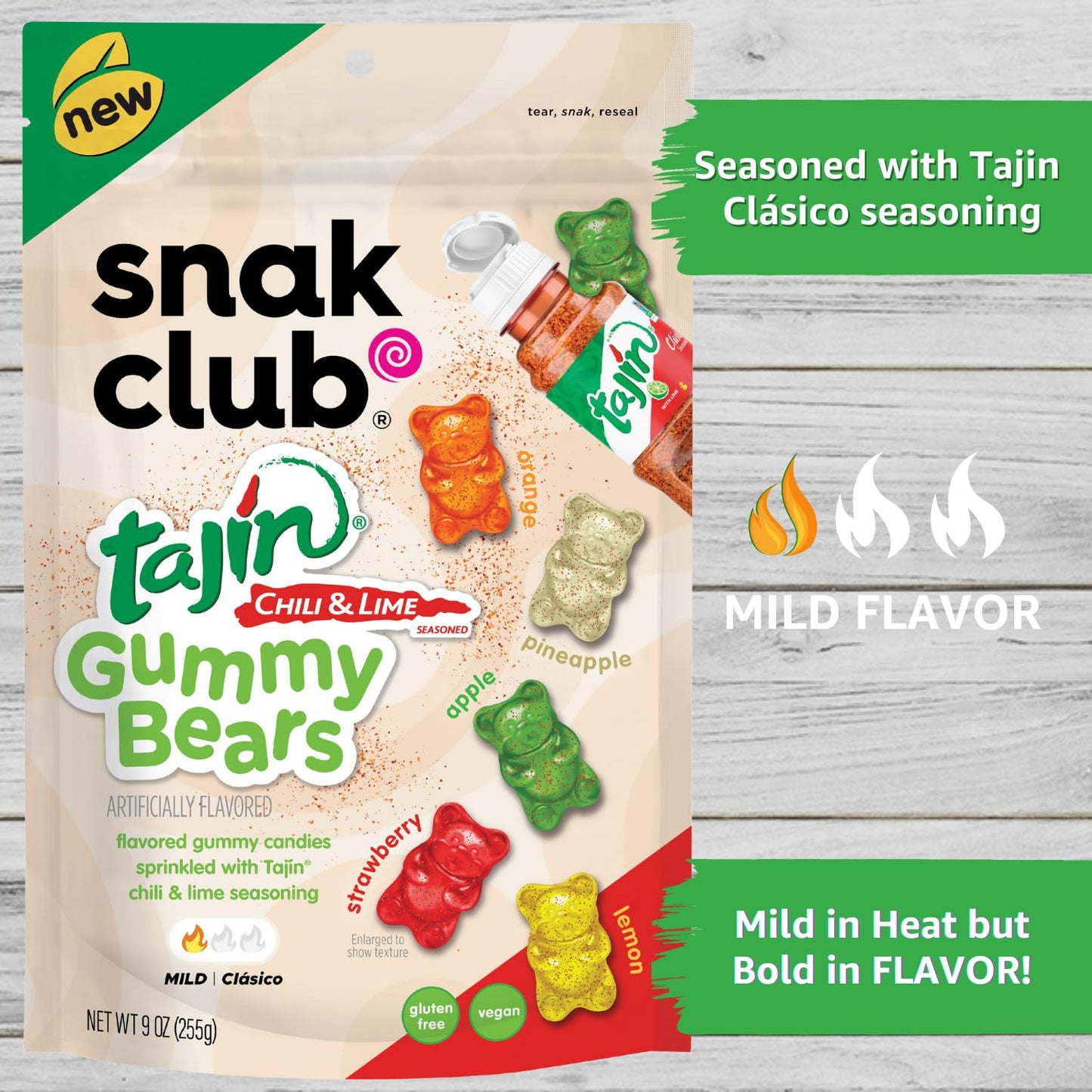 Snak Club Gummy Bears, Tajin Chili & Lime Sweet and Spicy Gummy Candy, Mild in Heat Bold in Flavor, Low-Fat, Vegan, Gluten-Free