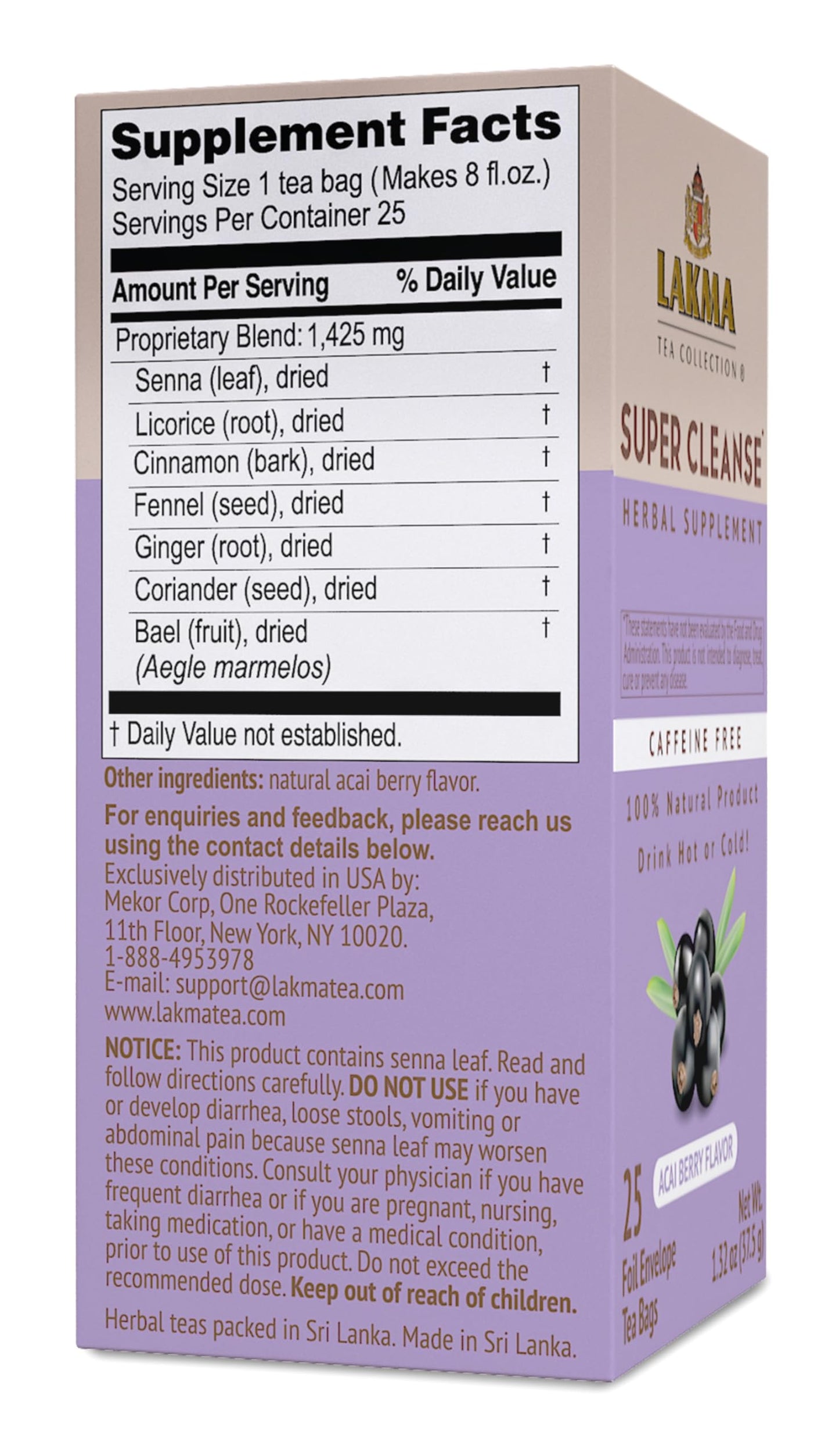 HYLEYS Tea Super Cleanse Tea - Caffeine Free, 25 Tea Bags, Acai Berry Flavor, GMO Free, Gluten Free, 100% Natural
