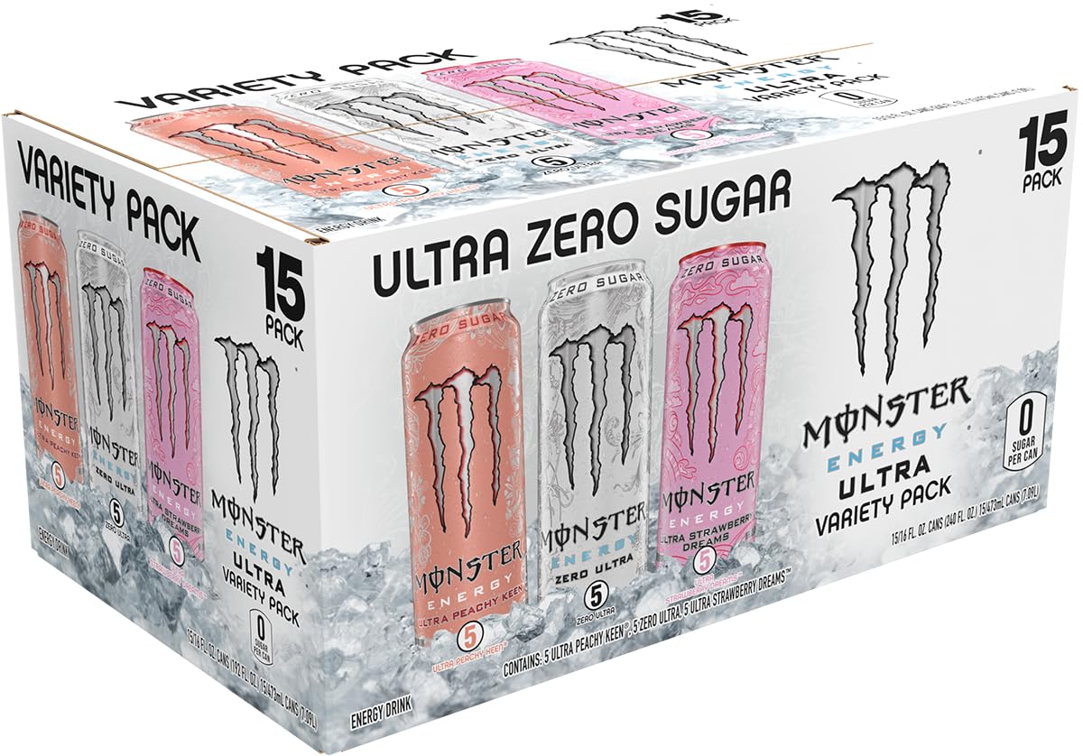 Monster Energy Ultra Variety Pack, Zero Ultra, Ultra Peachy Keen, Ultra Strawberry Dreams, Sugar Free Energy Drink, 16 Ounce (Pack Of 15)