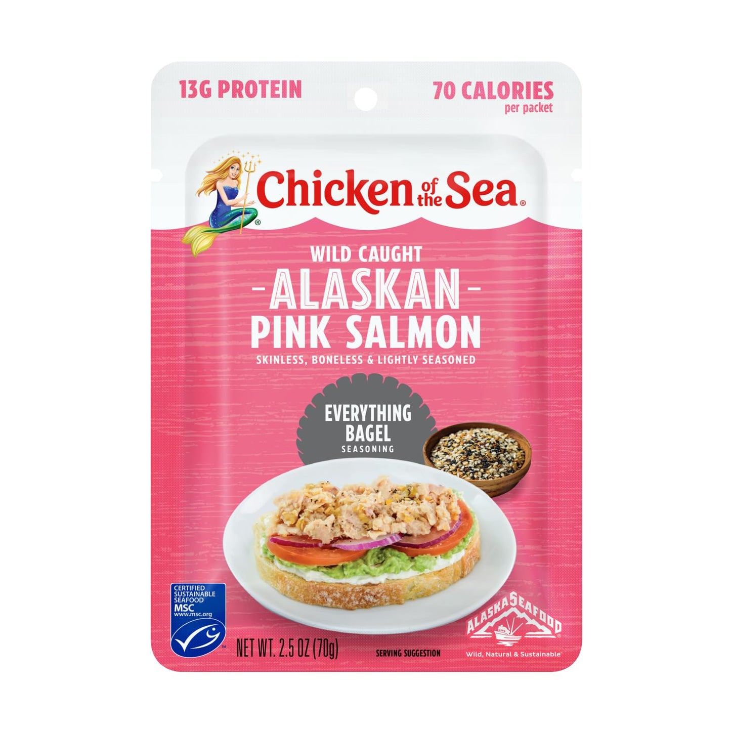 Chicken of the Sea Wild Caught Alaskan Pink Salmon with Everything Bagel Seasoning, 2.5 oz Packet, Box of 6