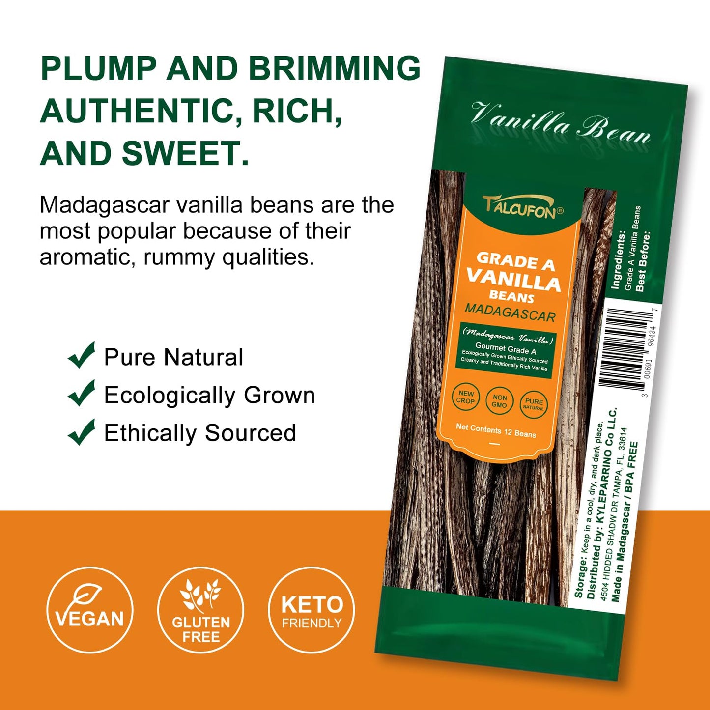 Talcufon 12 Madagascar Origin Vanilla Beans Grade A Whole Vanilla Pods For Vanilla Extract And Baking