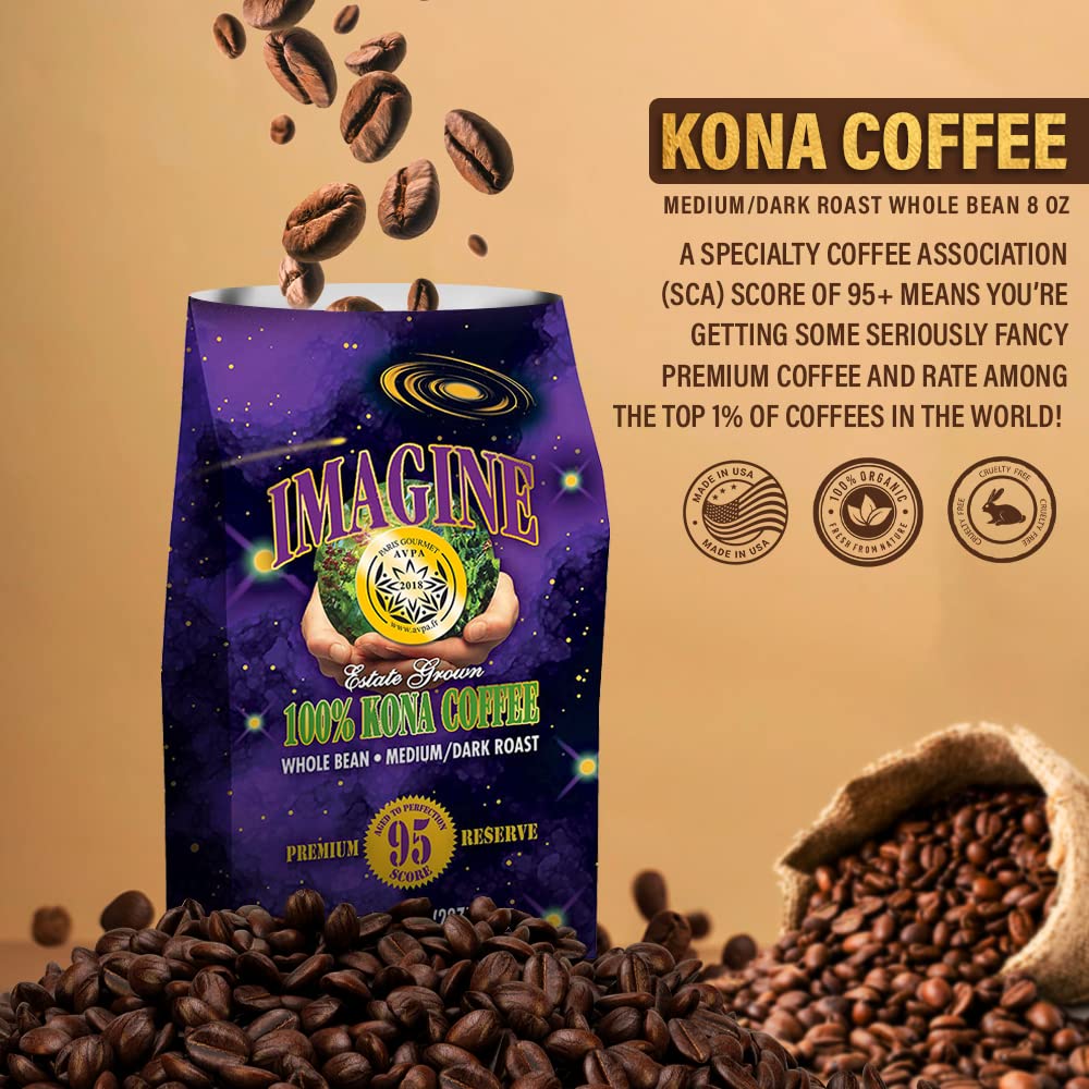 Imagine Kona Organic Coffee Beans | Arabica Kona Beans | Top Grade Air Roasted | Medium Dark Roast | Organic Whole Bean - 8Oz