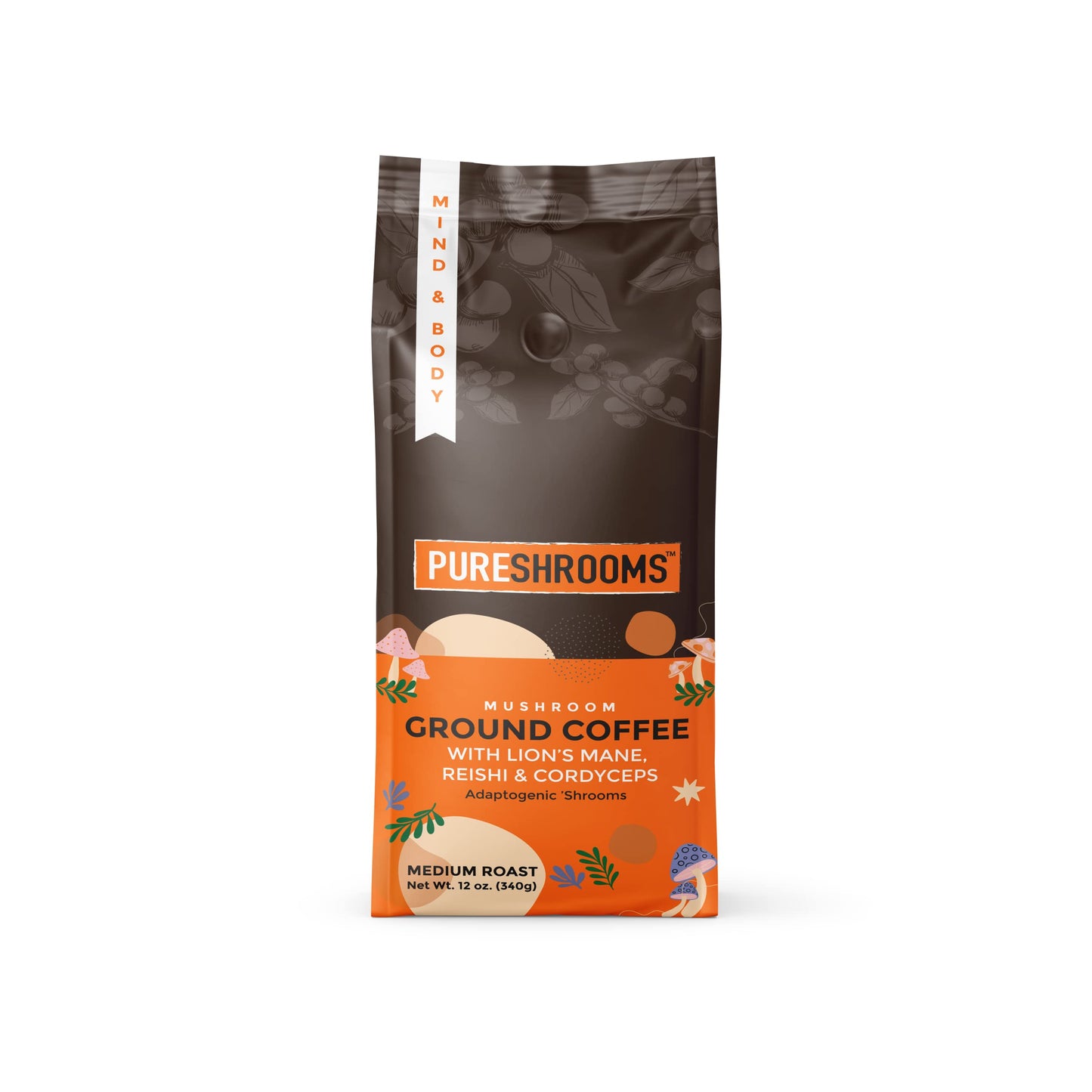 Mushroom Ground Coffee W/ Ultra Concentrated 30:1 Organic Lion'S Mane, Reishi, Cordyceps - 0 Sugar, No Preservatives, Non-Gmo -