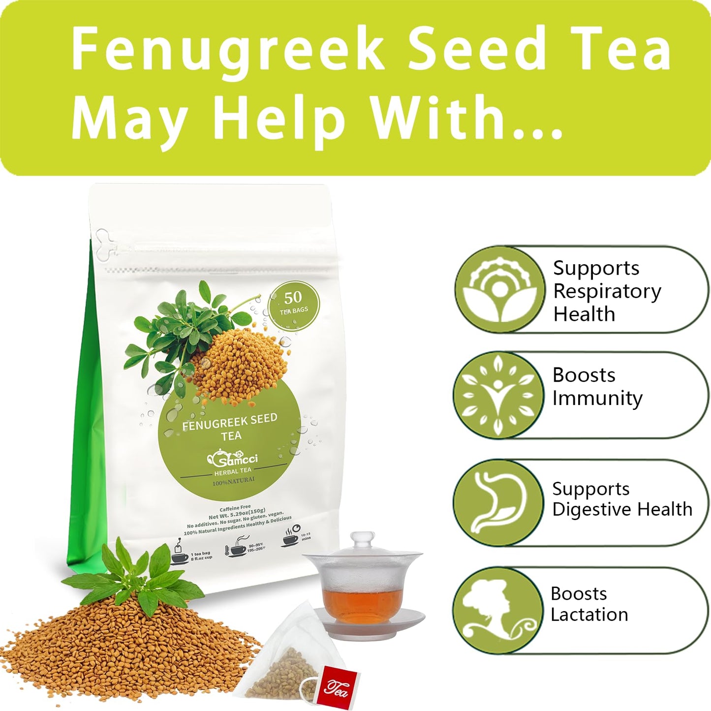 SAMCCI Fenugreek Seed Tea Bags - Herbal Tea, Non-GMO, Caffeine-free, 50 Teabags, 3g each