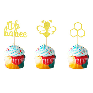 Arthsdite 48Pcs Bumble Bee Cupcake Toppers Honeycomb Oh Babee Cupcake Toppers Gold Glitter Oh Baby Cupcake Picks For Baby Shower