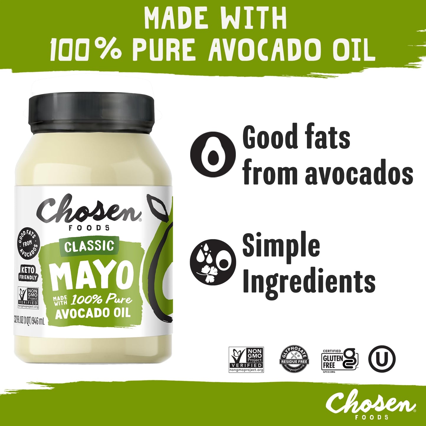 Chosen Foods 100% Avocado Oil Mayonnaise, Gluten & Dairy Free, 32 Fl Oz - Keto & Paleo Friendly for Sandwiches, Dressings, and Sauces
