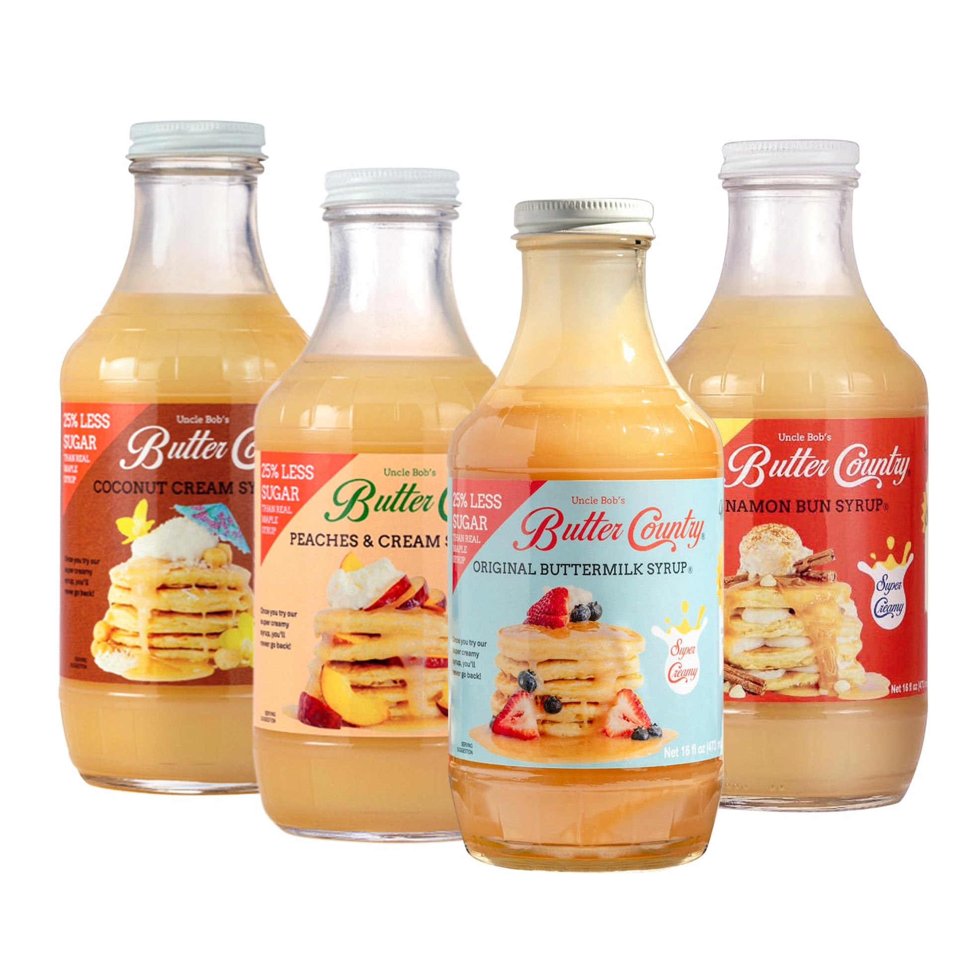 Uncle Bobs Butter Country Rich and Creamy Buttermilk Syrup Variety Pack, 4 Bottles x 16 Fl Oz - Original, Cinnamon Bun, Coconut Cream, Peaches