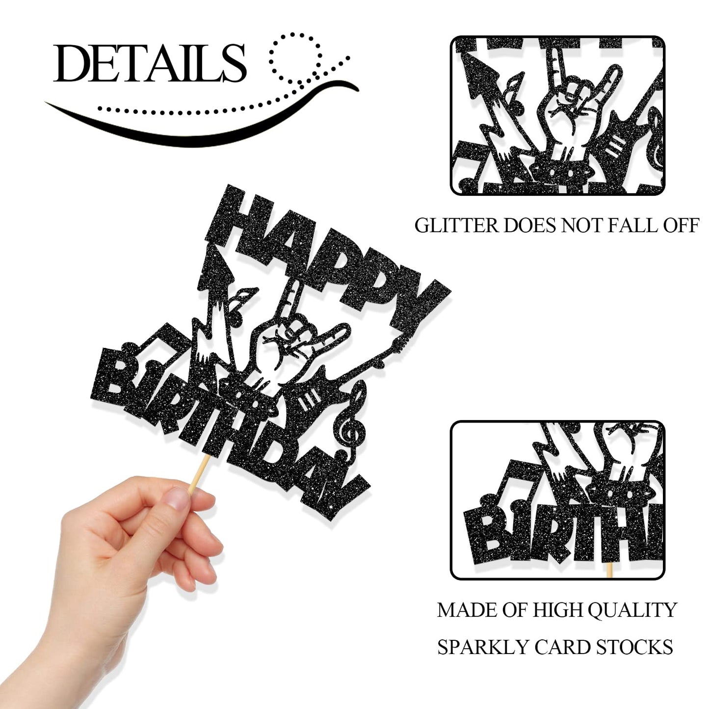 Monmon & Craft Rock Music Happy Birthday Cake Topper/Rock'N'Roll Theme/Musical Entertainment Birthday Party Decorations - Black