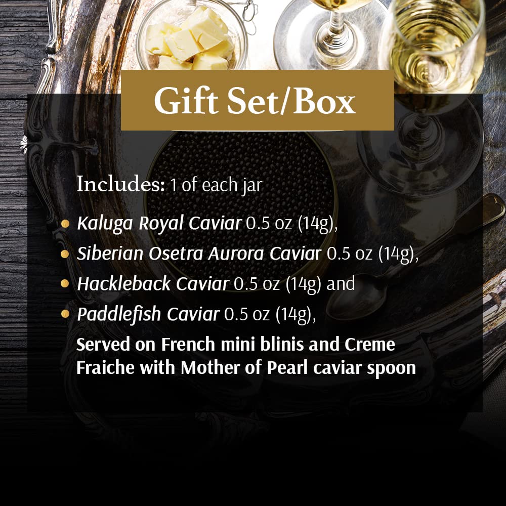 OLMA Noble Caviar Gift Set - 2 oz (56g) of Caviar, Includes Kaluga Royal, Siberian Osetra Aurora, Hackleback, Paddlefish, Servin