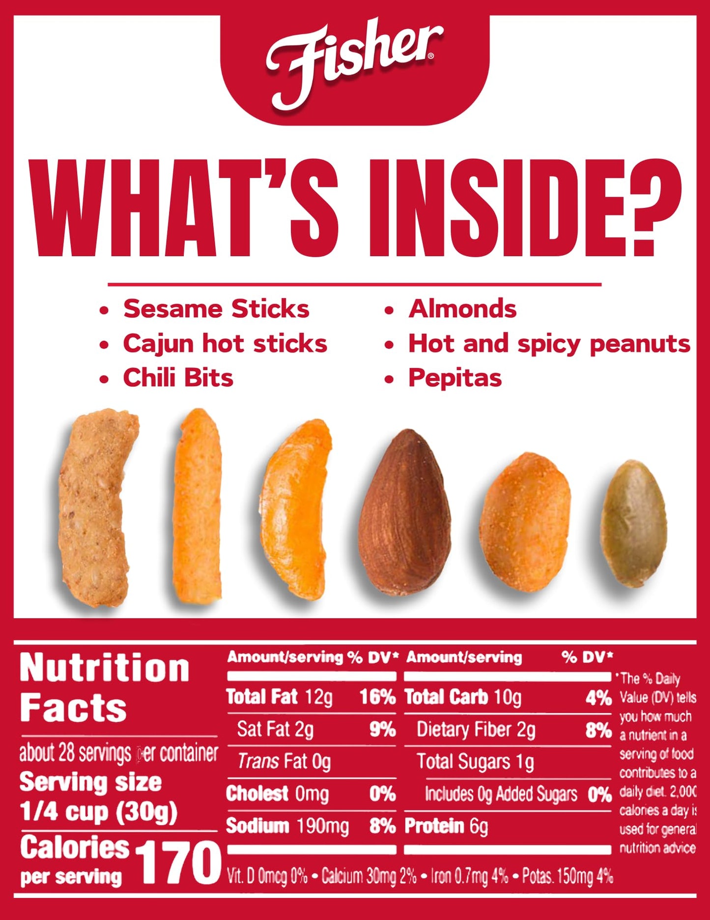 Fisher Snack Tex Mex Bulk Trail Mix, 30 oz (Pack of 1); Hot & Spicy Peanuts, Almonds, Salsa Corn Sticks, Sesame Sticks, Chili Bi