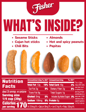 Fisher Snack Tex Mex Bulk Trail Mix, 30 oz (Pack of 1); Hot & Spicy Peanuts, Almonds, Salsa Corn Sticks, Sesame Sticks, Chili Bi