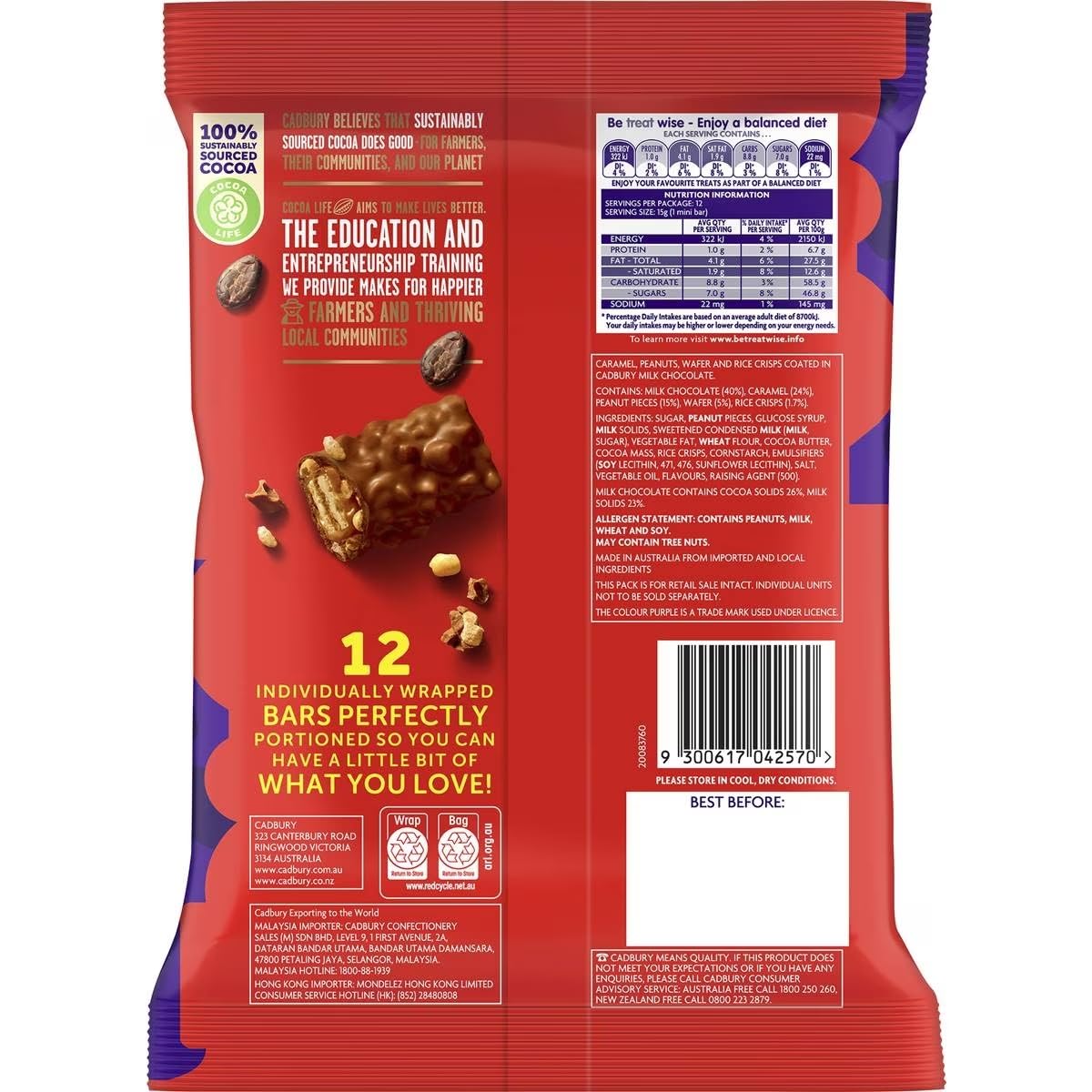 Cadbury Picnic Milk Chocolate Bars - 12 Treat Size Pack (180g) - Peanuts, Wafer, Caramel, Rice Crisps, Milk Chocolate