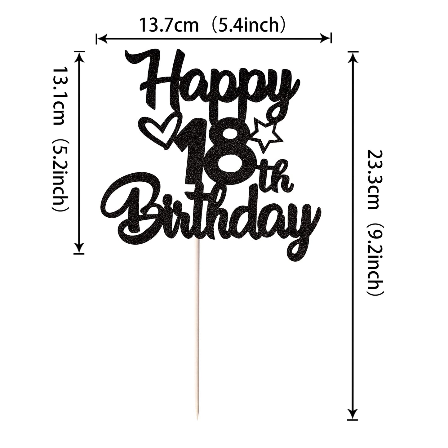 YCTHUNFISH 18th Birthday Cake Topper Glitter Heart Star Black Bamboo Decoration
