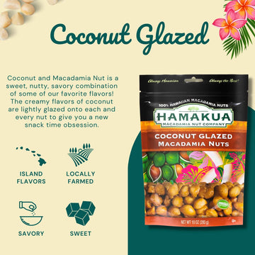Hamakua Macadamia Nuts - Sweet Glazed Coconut - Dry Roasted - 10 Ounce Pack