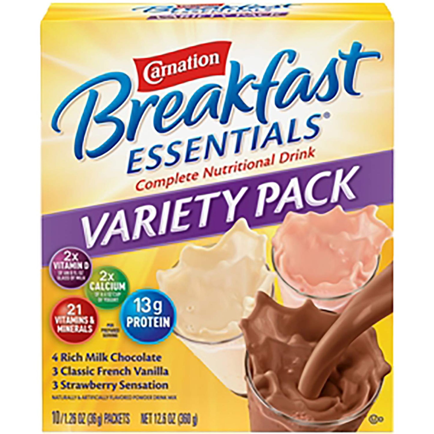 Carnation Breakfast Essentials Powder Drink Mix Variety Pack, Complete Nutritional Drink, 10 Count Box of 1.26 oz Packets (Pack
