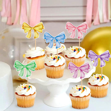 24 Pack Bow Cupcake Toppers Bowknot Pink Purple Blue Yellow Green Mulitycolor Cupcake Picks Bridal Baby Shower Cake Dessert Pick