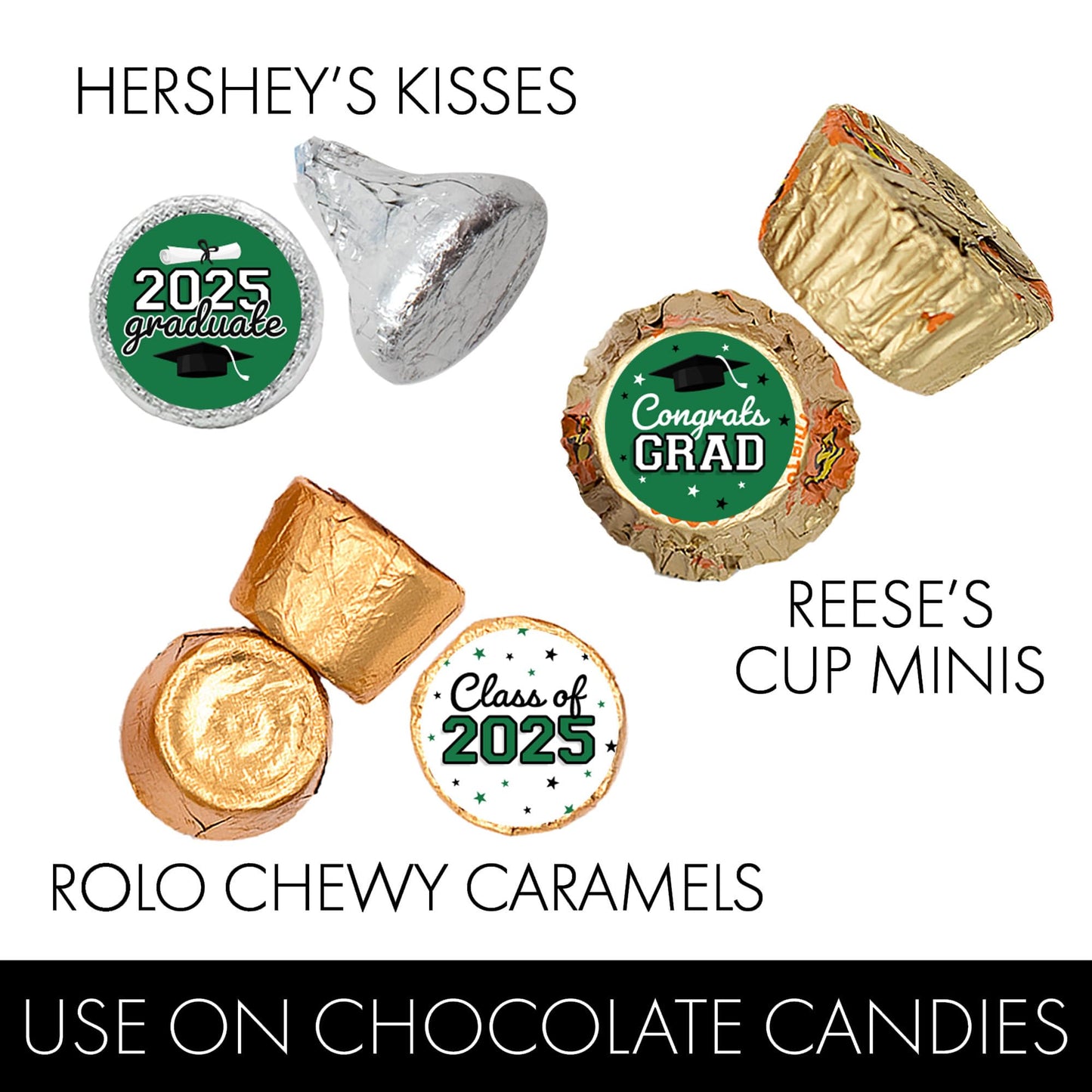 Green Graduation Party Stickers For Kisses Candy, Chocolate Drops, 2025 Grad Party Favors - 180 Count