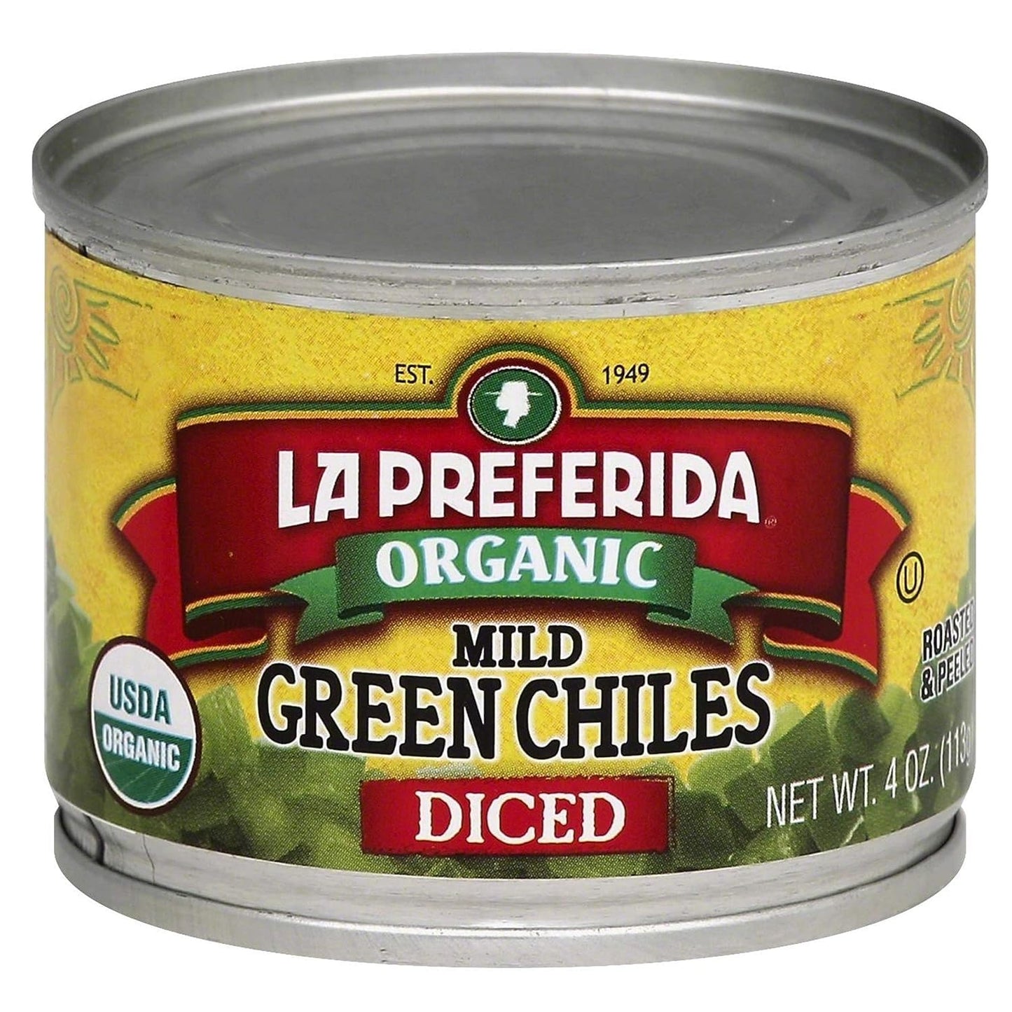 La Preferida Organic Diced Green Chile Peppers Fire-Roasted & Peeled - Perfect for Tacos, Casseroles & Nachos, 4oz. (Pack of 12)