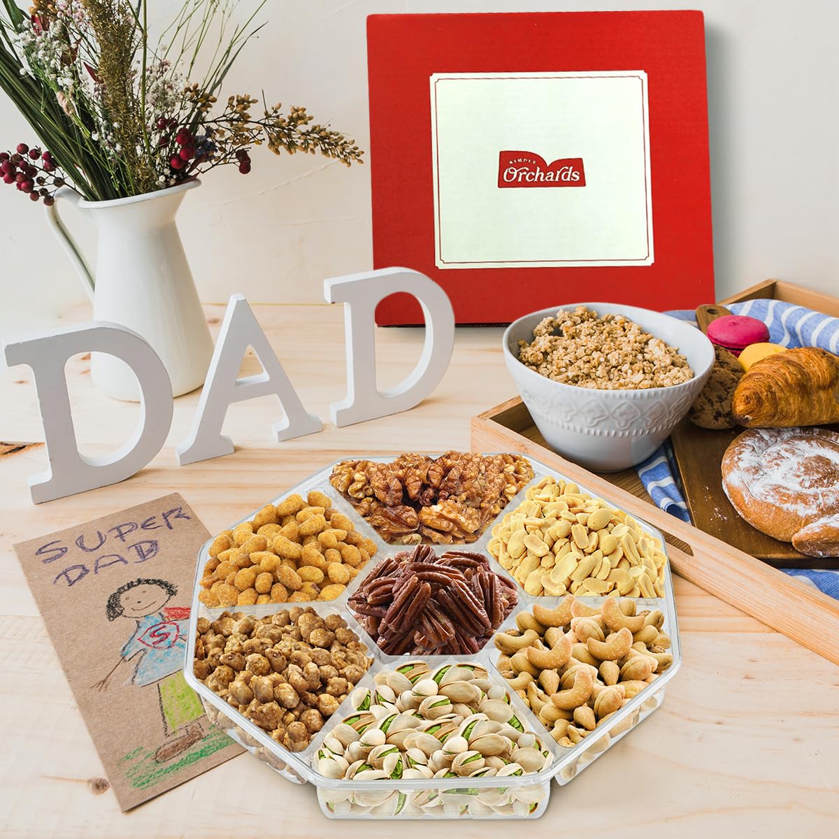 Simple Orchards Gourmet Nuts Gift Basket - 7 Sectional Platter - Red Box - Perfect for Mothers Day, Birthdays, Sympathy