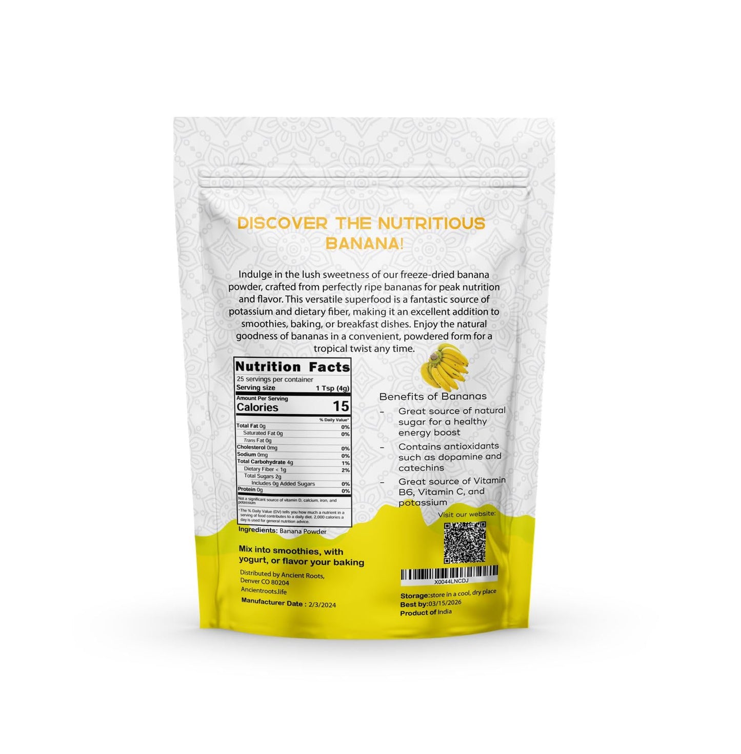 Ancient Roots Banana Powder - Freeze-Dried, All-Natural, No Sugar Added, Smoothie Mix, Support Digestive Health Naturally, 3.5 O
