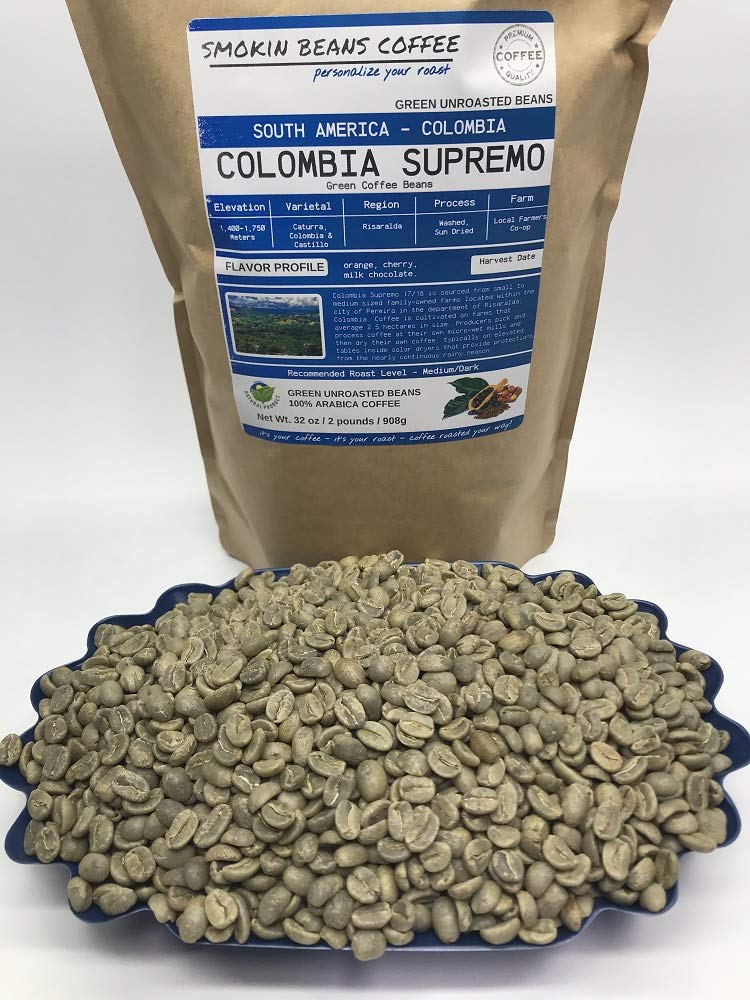 Smokin Beans 2-Pound Colombia Supremo Unroasted Green Arabica Coffee Beans Specialty Grade