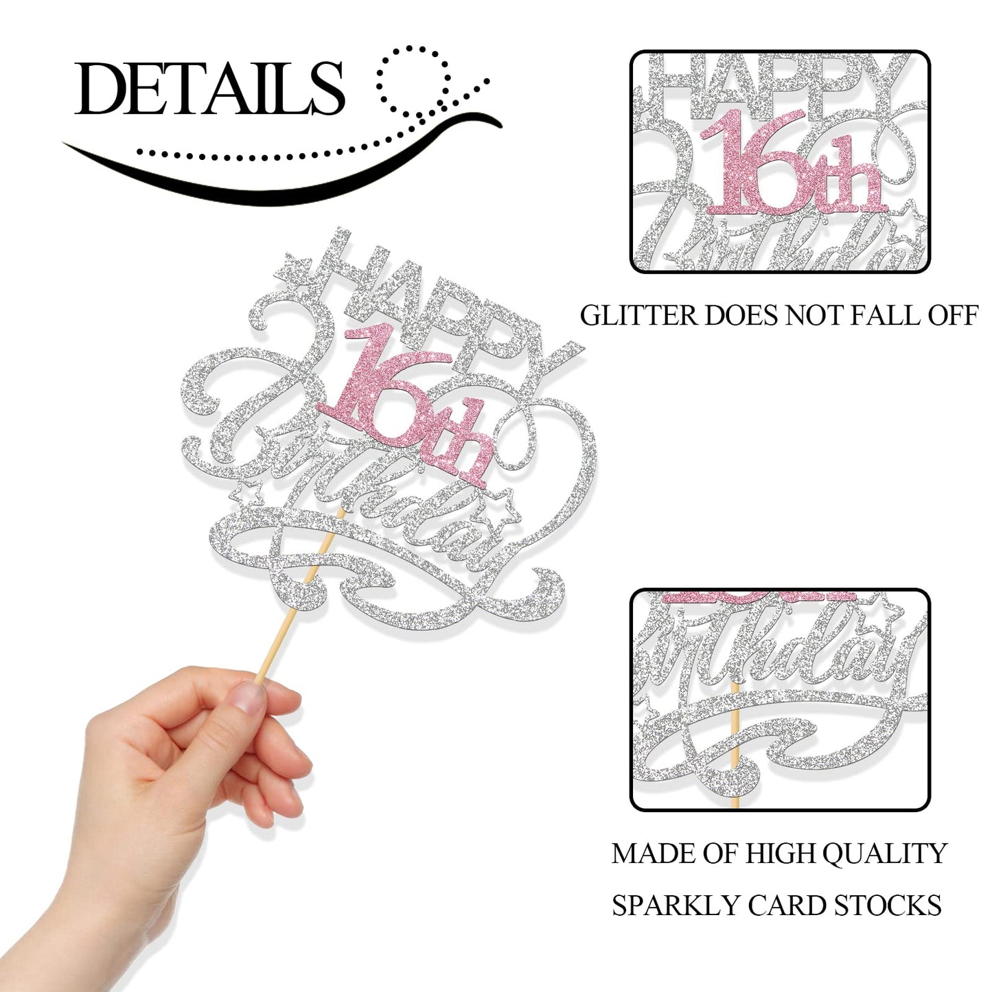 Monmon & Craft Happy 16Th Birthday Cake Topper/Cheers To 16 Years/Teenager Girls 16Th Birthday Party Decor Supplies - Silver & P