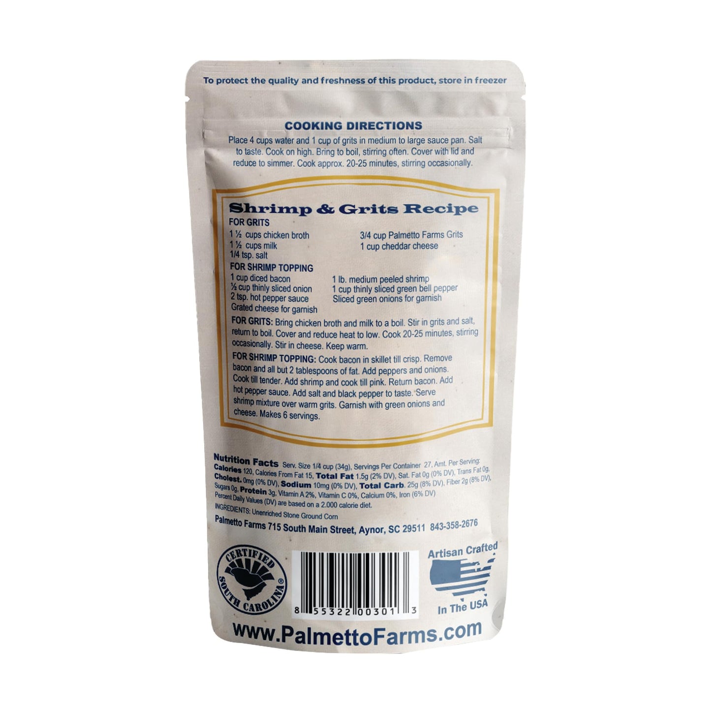 Palmetto Farms Stone Ground White Grits, 32 OZ, 2 Pound Pack