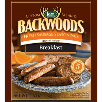 Lem Products Backwoods Reduced Sodium Breakfast Fresh Sausage Seasoning, Ideal For Wild Game And Domestic Meat, Seasons Up To 5 Pounds Of Meat, 1.6 Ounce Packet