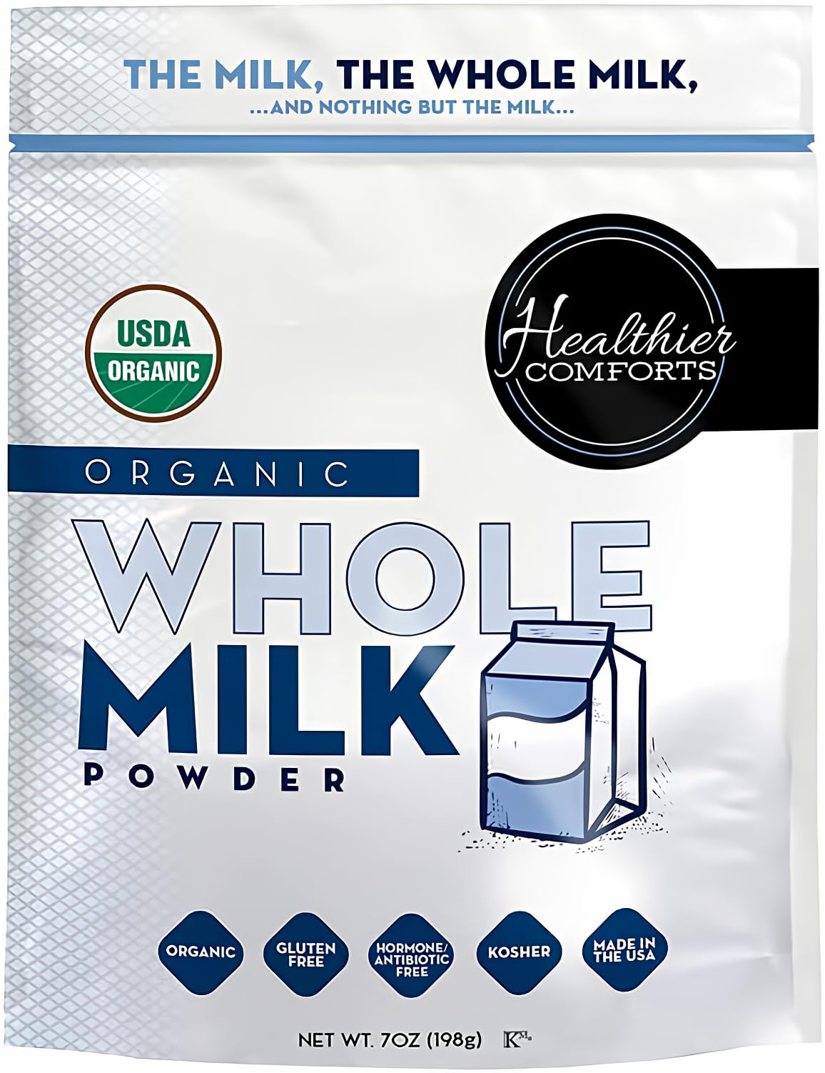 Healthier Comforts Organic Whole Milk Powder, Certified USDA Organic, Gluten Free, Non-GMO, 7oz Resealable Packaging