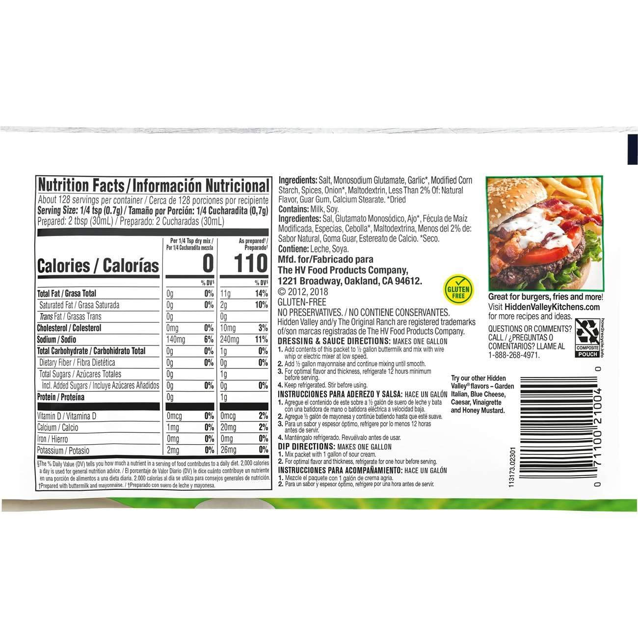 Hidden Valley, Ranch Original Dry Mix, Gluten Free, 1 Gallon (18 Count)