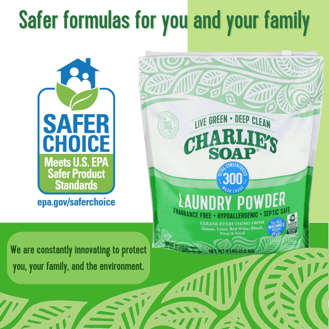 Charlies Soap Hypoallergenic Laundry Powder 8Lb Bag, Pack Of 2, 600 Loads Total, Deep Cleaning Washing Powder Detergent - Eco-Fr