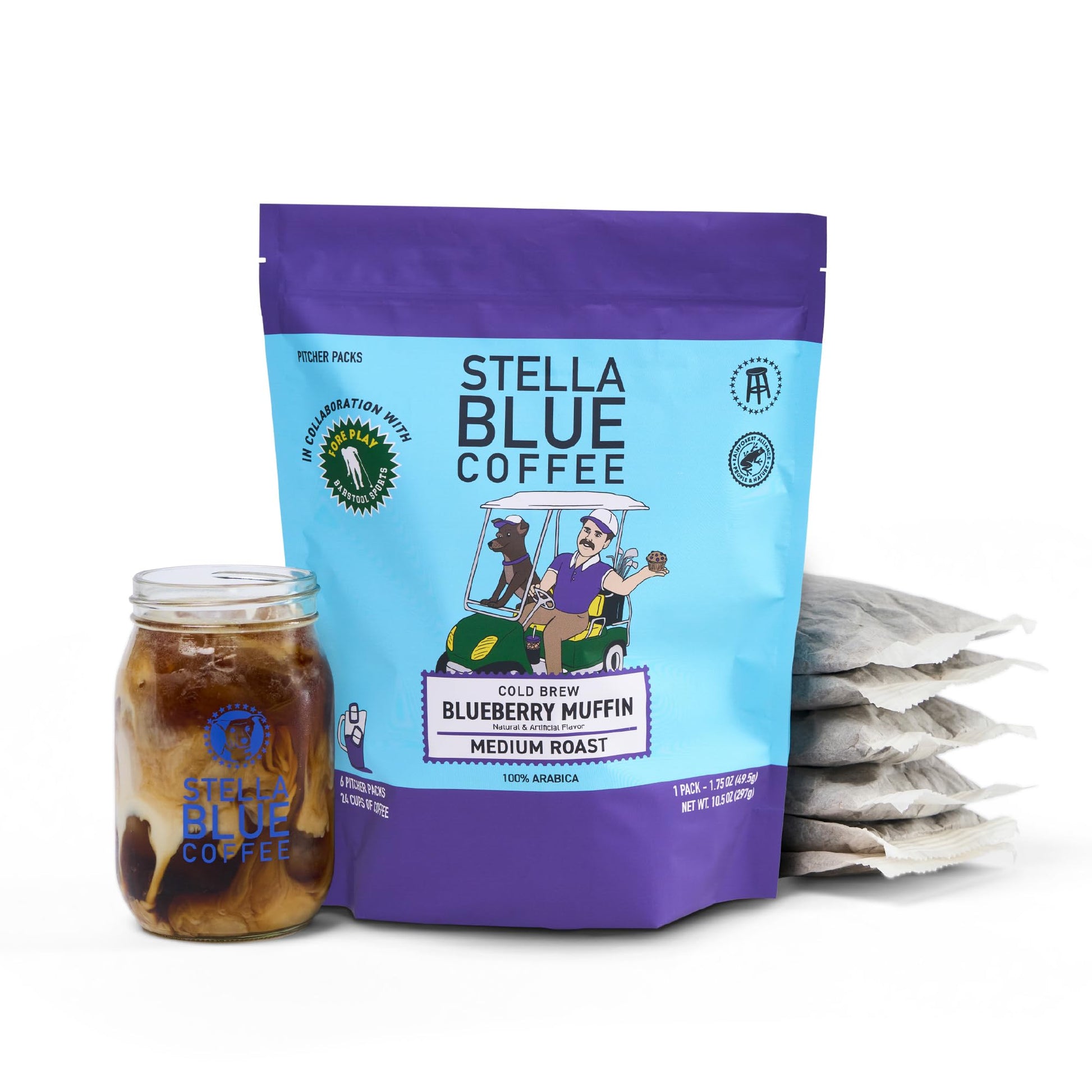 Stella Blue Cold Brew Coffee Bags  Blueberry Muffin  Medium Roast Ground Coffee  Smooth  Bold and Refreshing 100% Arabica  6 Brew Packets  Makes 24 Cups  Rainforest Alliance Certified