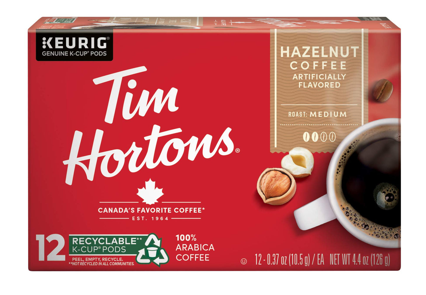 Tim Hortons Hazelnut Flavored Medium Roast Coffee K-Cup Pods 72ct, 12 Count (Pack of 6), Red, Model MP261