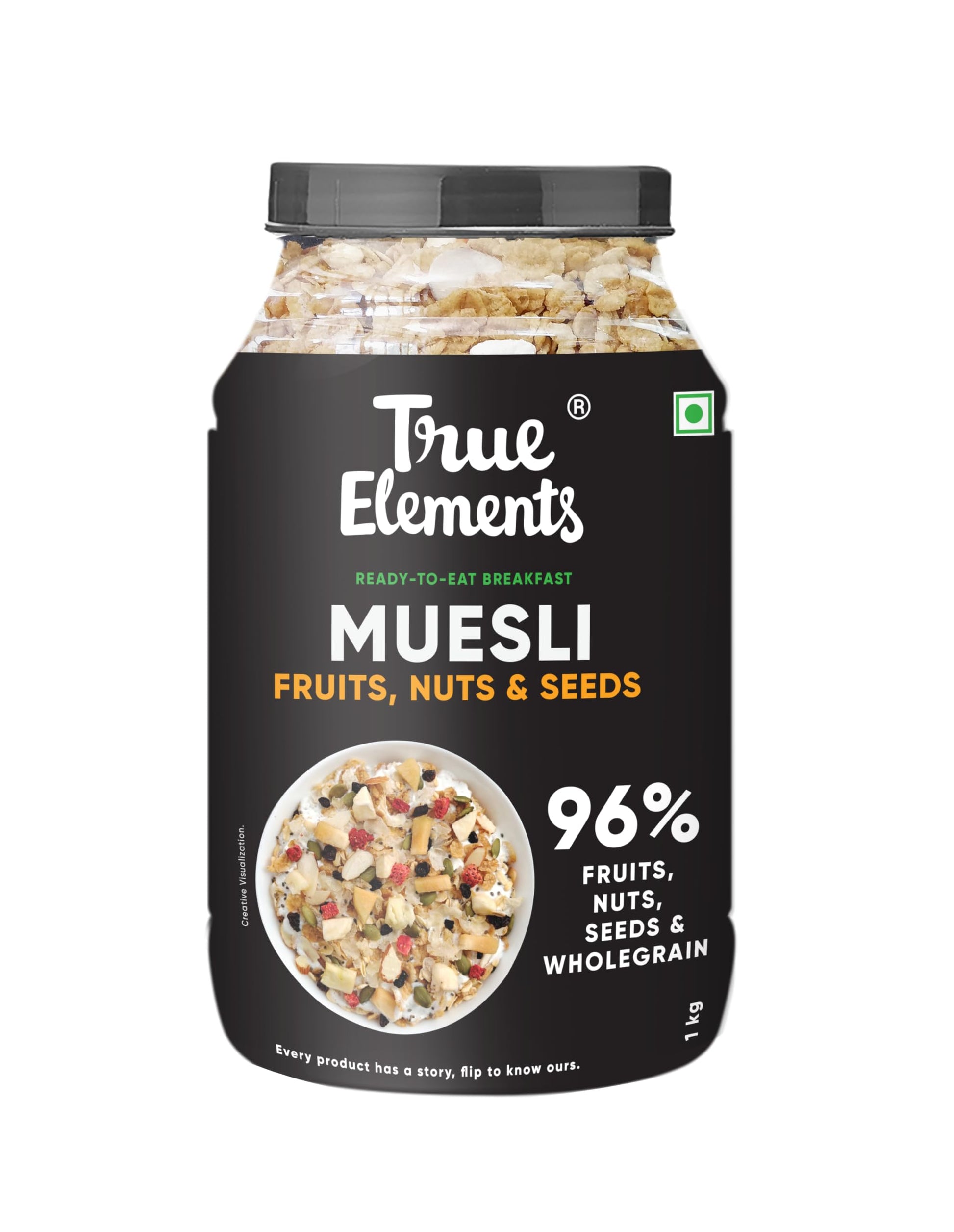 True Elements Muesli Fruit and Nuts - With Real Fruits & Almonds | 100% Wholegrain Muesli with Oats and Nuts | Breakfast Cereal 
