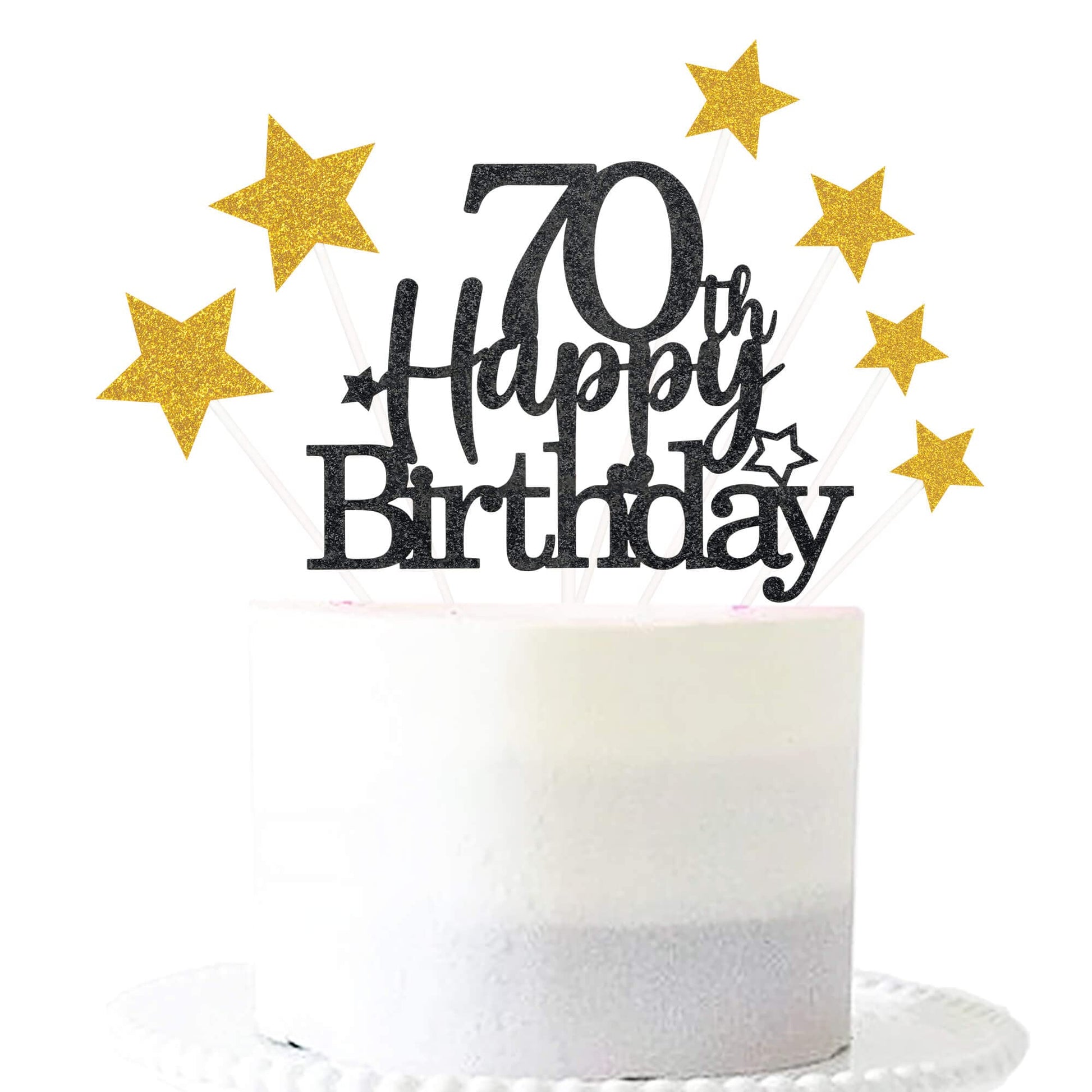 Pargleev Glittery 70th Birthday Cake Topper, Personalised Decorations, Black Gold, Paper