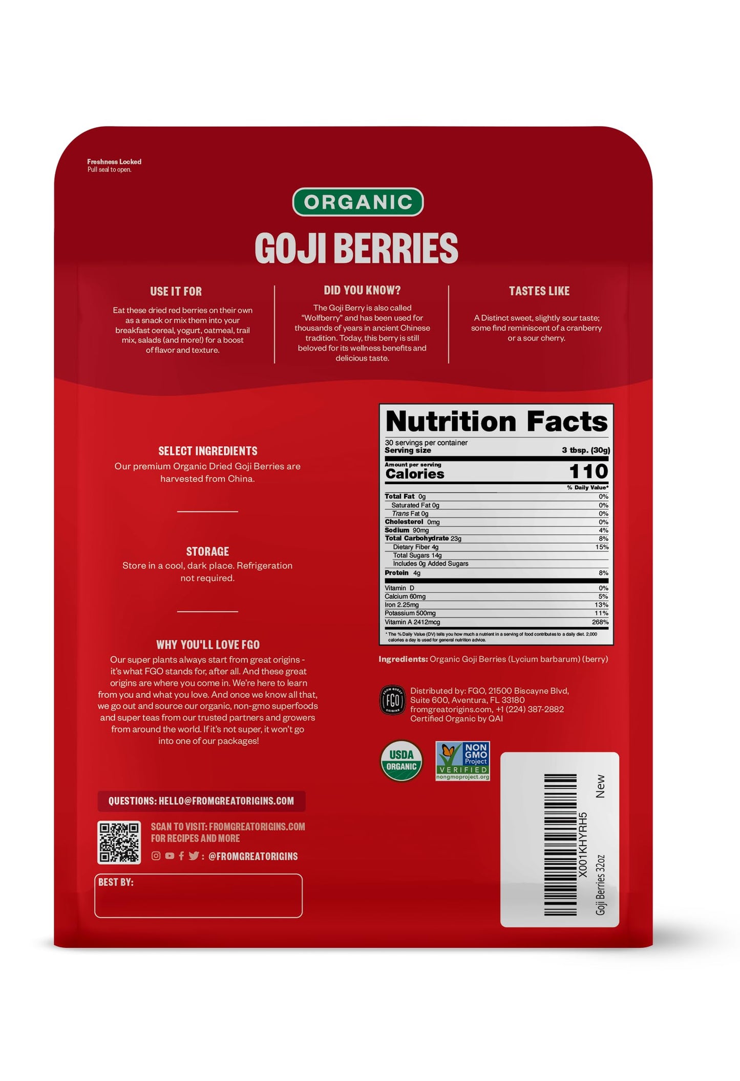 Organic Goji Berries | Large & Chewy | Every Batch Lab-Tested | 32Oz Resealable Kraft Bag | 100% Raw From Ningxia | By Fgo