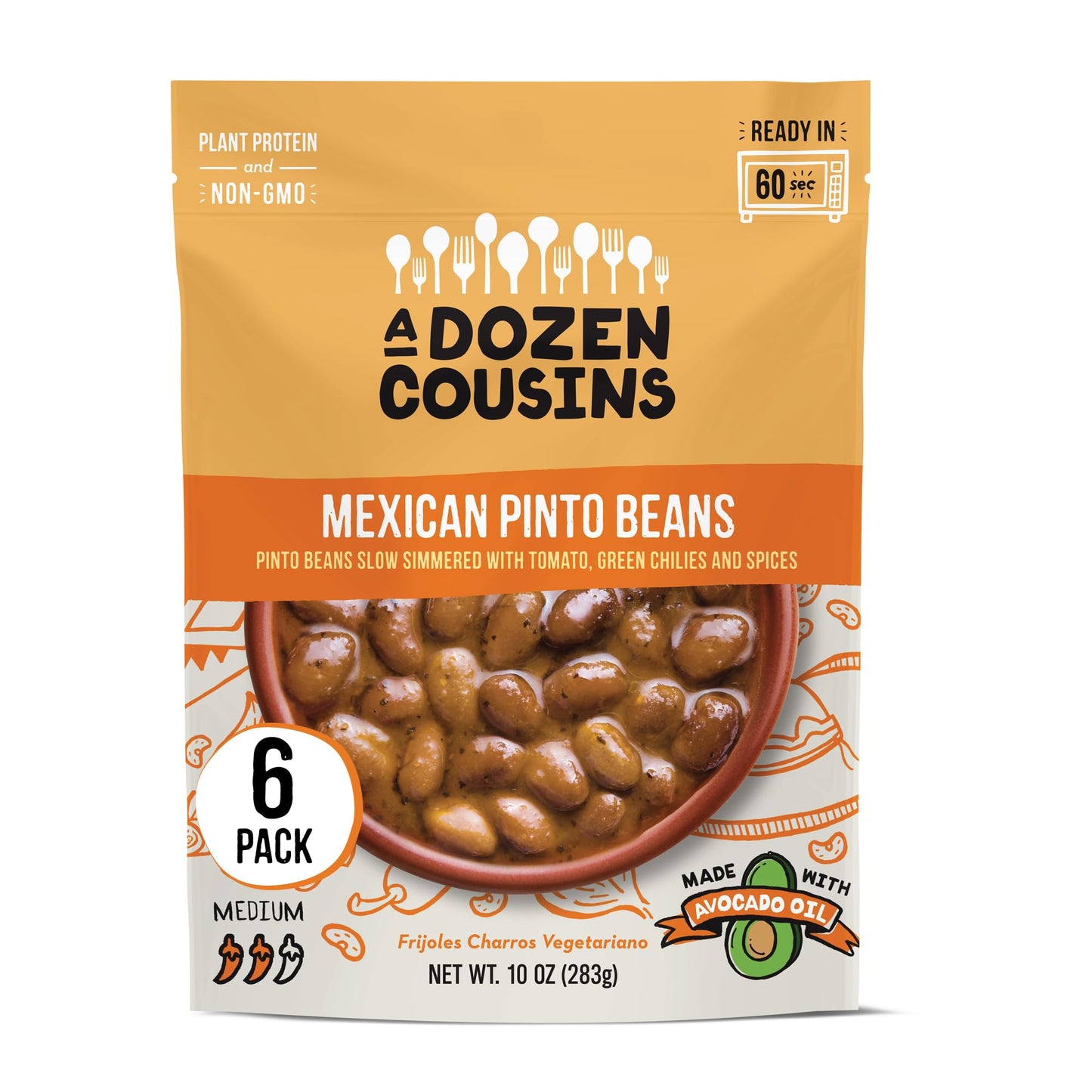 A Dozen Cousins Seasoned Pinto Beans, Vegan and Non-GMO Meals, Microwaveable Beans Ready to Eat Made with Avocado Oil (Mexican P