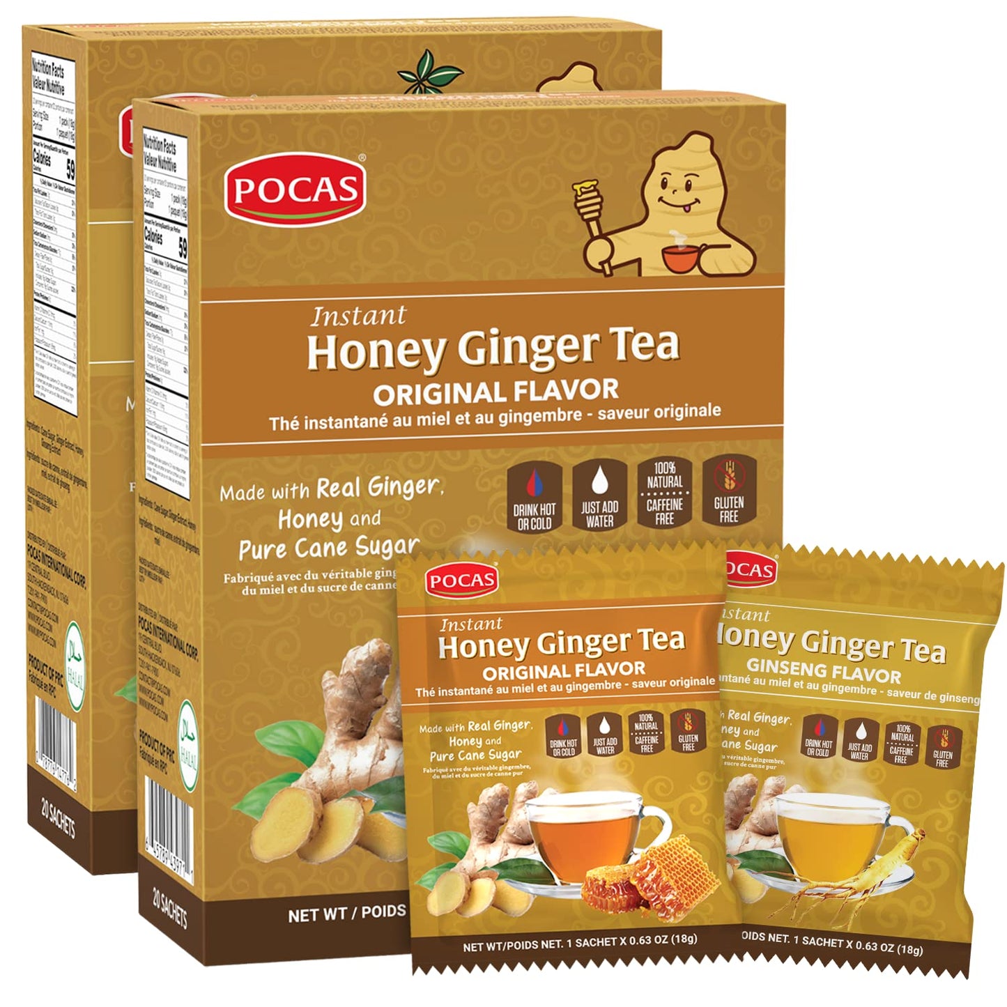 Pocas Honey Ginger Tea Variety Set - Instant Tea Powder Packets, Non-GMO, Gluten Free, 40 Piece Assortment, Original & Ginseng Flavors