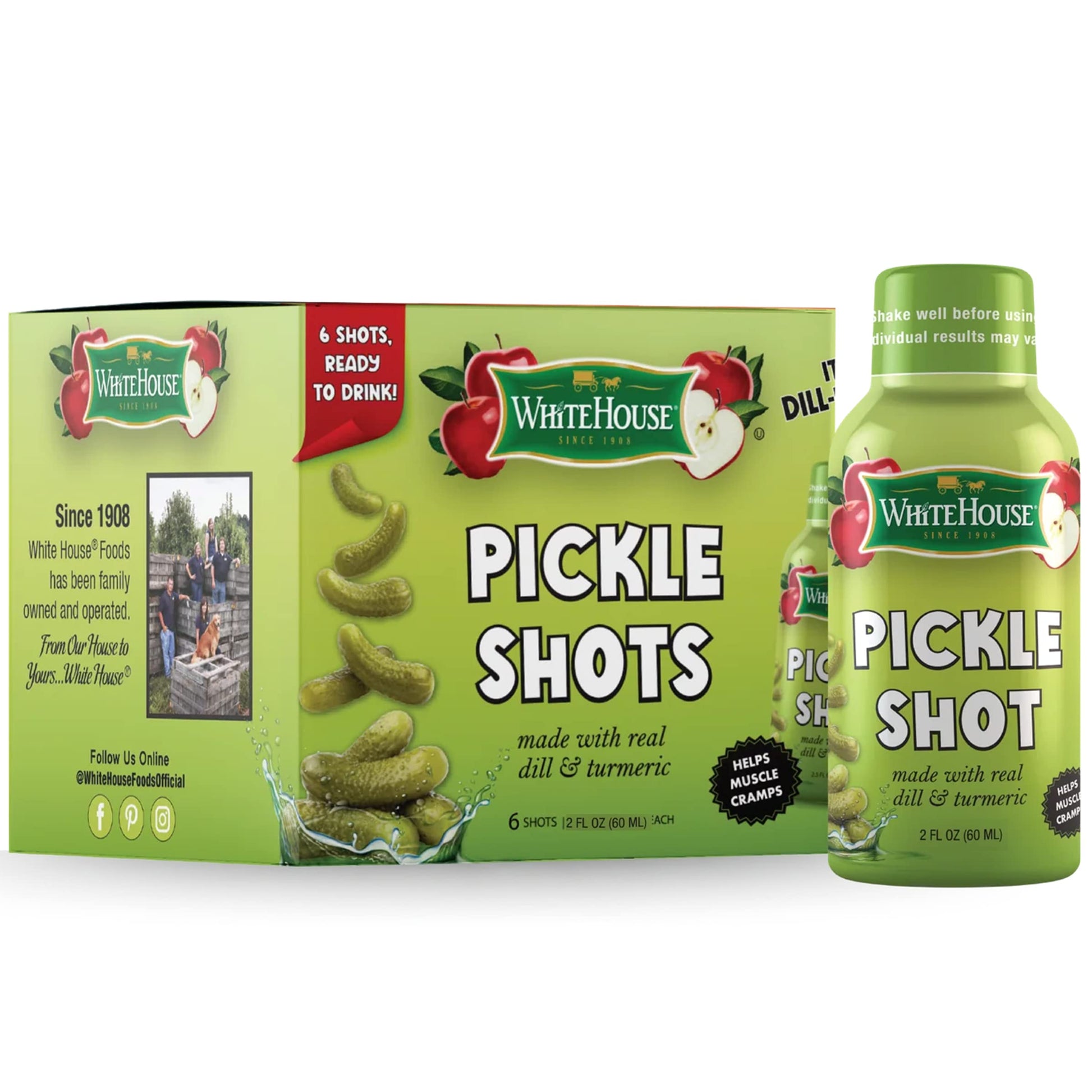 White House Pickle Shots, With Real Dill and Turmeric, Juice Hydrates and Helps Stop Muscle Cramps, On the Go 2 Ounce (Pack of 6
