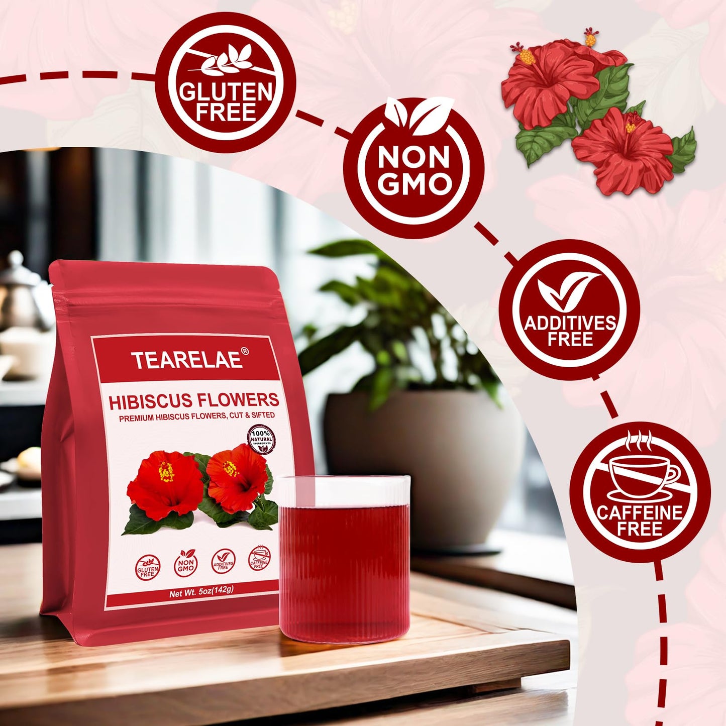TEARELAE Hibiscus Flowers Loose Leaf Tea, Non-GMO, Caffeine-free, 5oz, Dried Edible Flowers, Country of Origin Nigeria