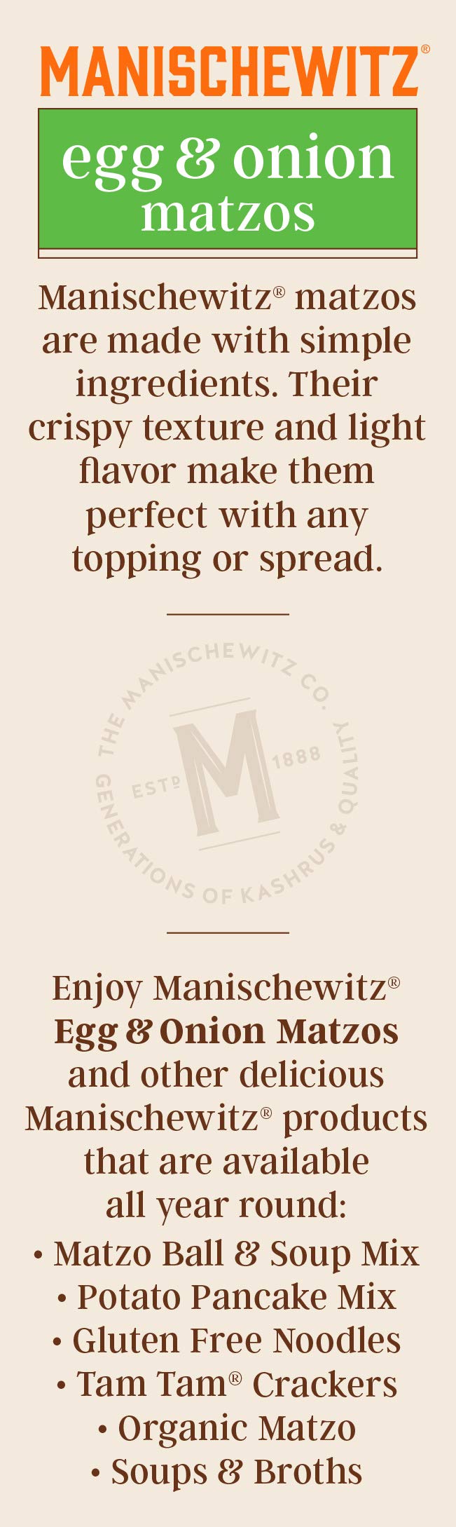 Manischewitz Egg & Onion Matzo 10oz (2 Pack) Crisp & Delicious Flavored Matzo, Not Kosher for Passover