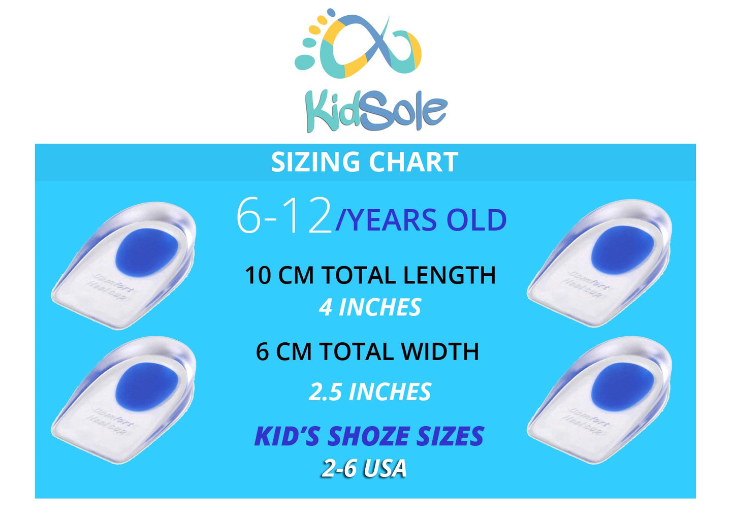 2 Pack - Kidsole Shock Absorbing Lightweight Gel Heel Cups For Kids With Sensitive Heels, Heel Spurs, Plantar Fasciitis, Or Ankl